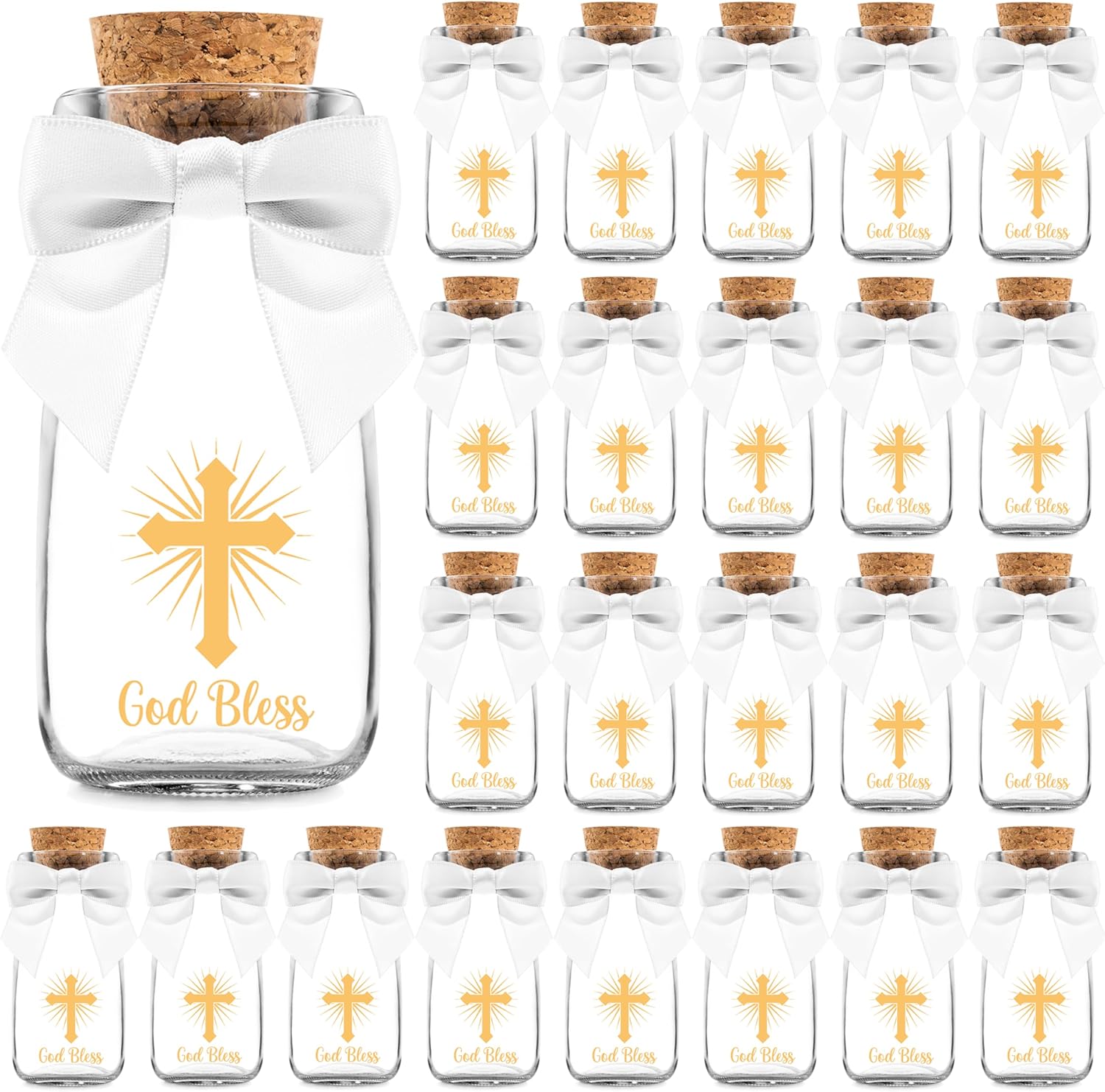 Vintage 24 Pack Baptism Glass Bottles with Ribbons and Stickers - Classy God Bless Party Favors for Baptism and 1st Communion - Bautizo Table Centerpiece Decoration - Baby Christening Candy Jar