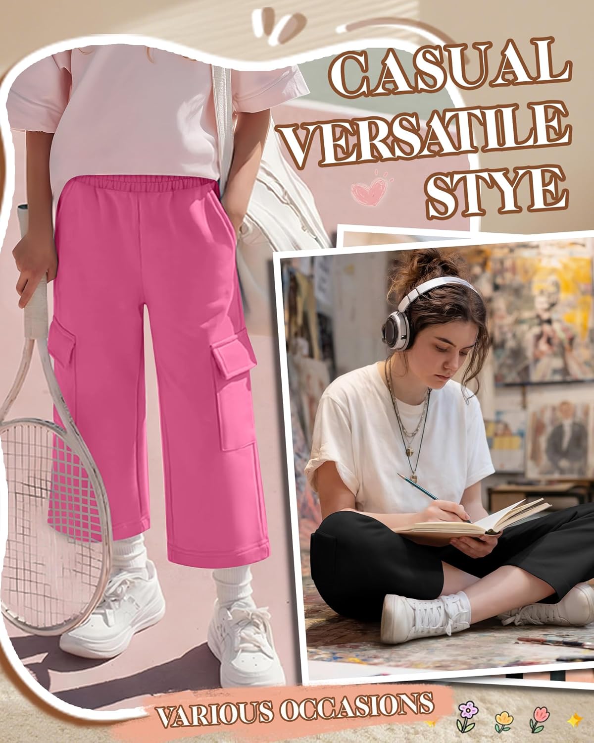 Halfchet 3 Pack Girl's Cargo Capri Pants Wide Leg Elastic Waistband Sweatpants Baggy Casual Athletic Trousers with 4 Pockets