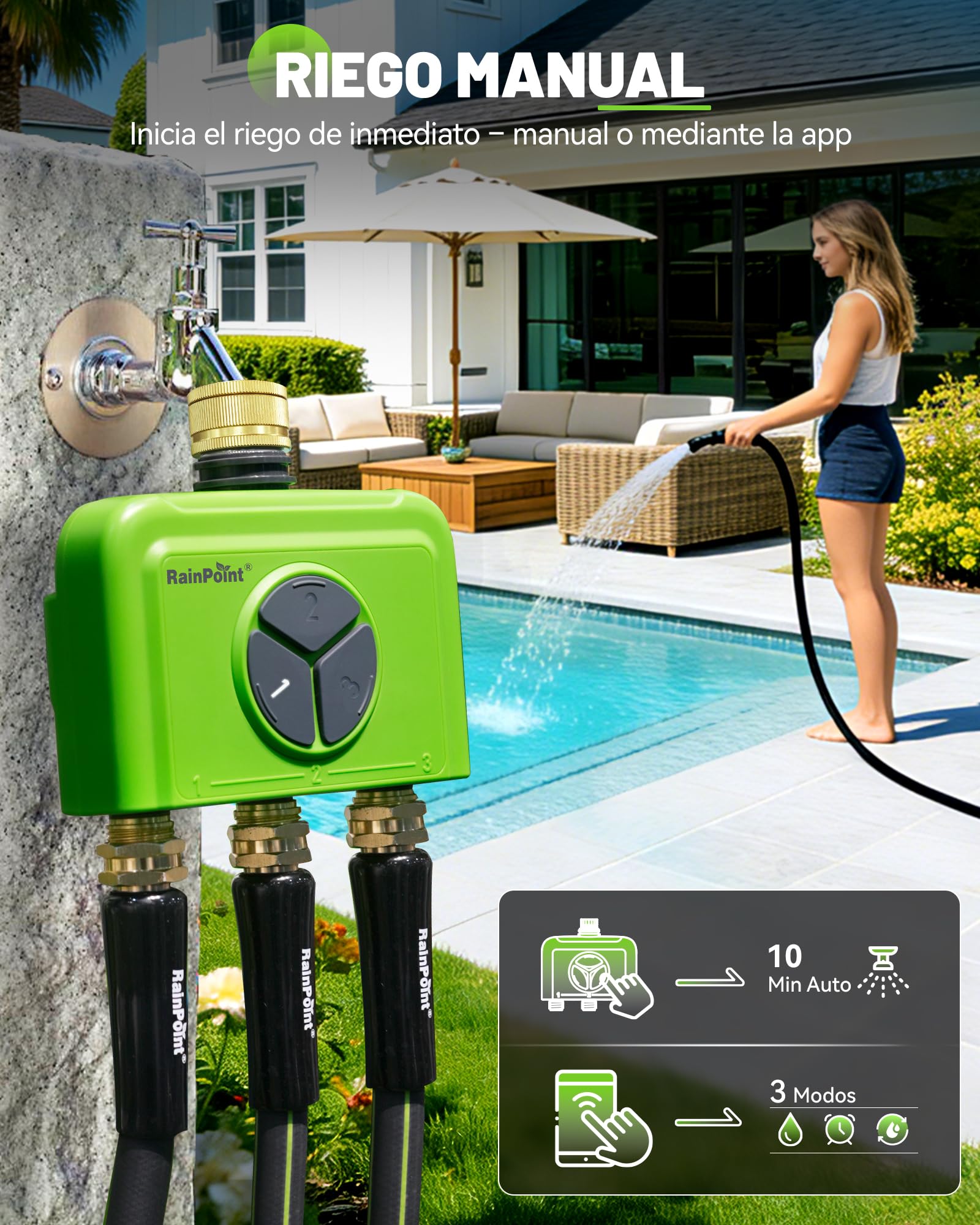 RAINPOINT Programador Riego WiFi 3 Zonas con Hub, Programador Riego Automático WiFi, Entrada de Latón, Control por App y Voz, Retraso de Lluvia Automático para Jardín y Césped