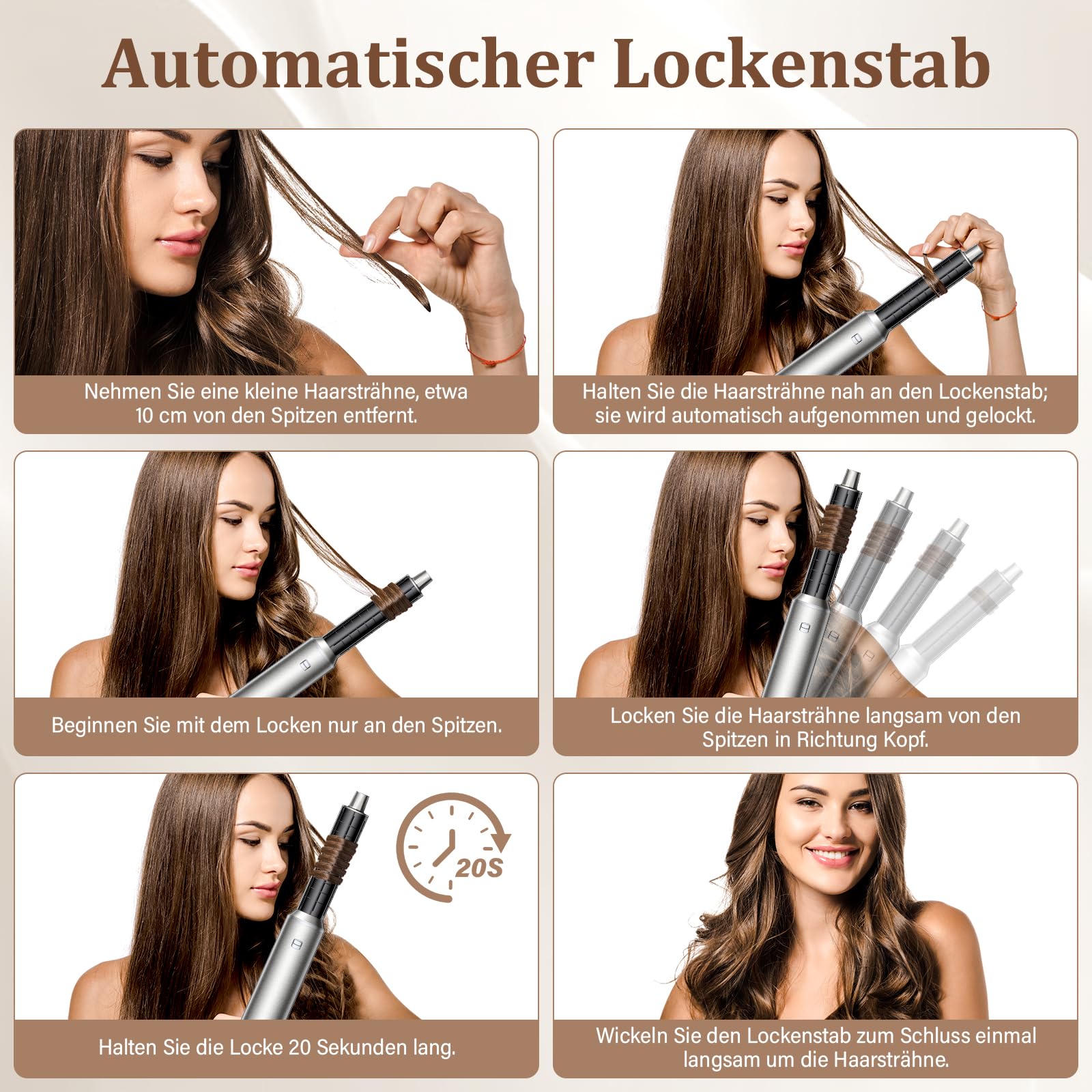5 in 1 Hairstyler - Professionelle Airstyler mit Ionen Föhn, Lockenstab Automatisch, Warmluftbürste, Glättbürste und Volumen Styling für schnelle Frisuren zu Hause, Büro und Reisen Silber