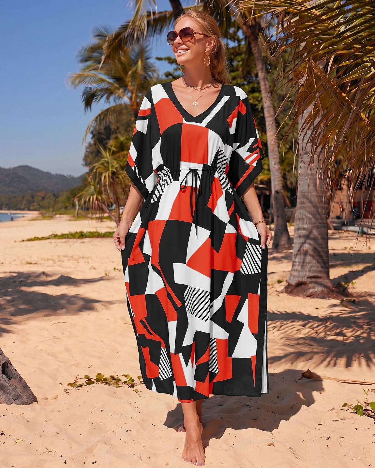 Bsubseach Kaftan Dresses for Women Plus Size Swimsuit Coverup Batwing Sleeves Beach Cover Up With Drawstring Beach Dresses Orange