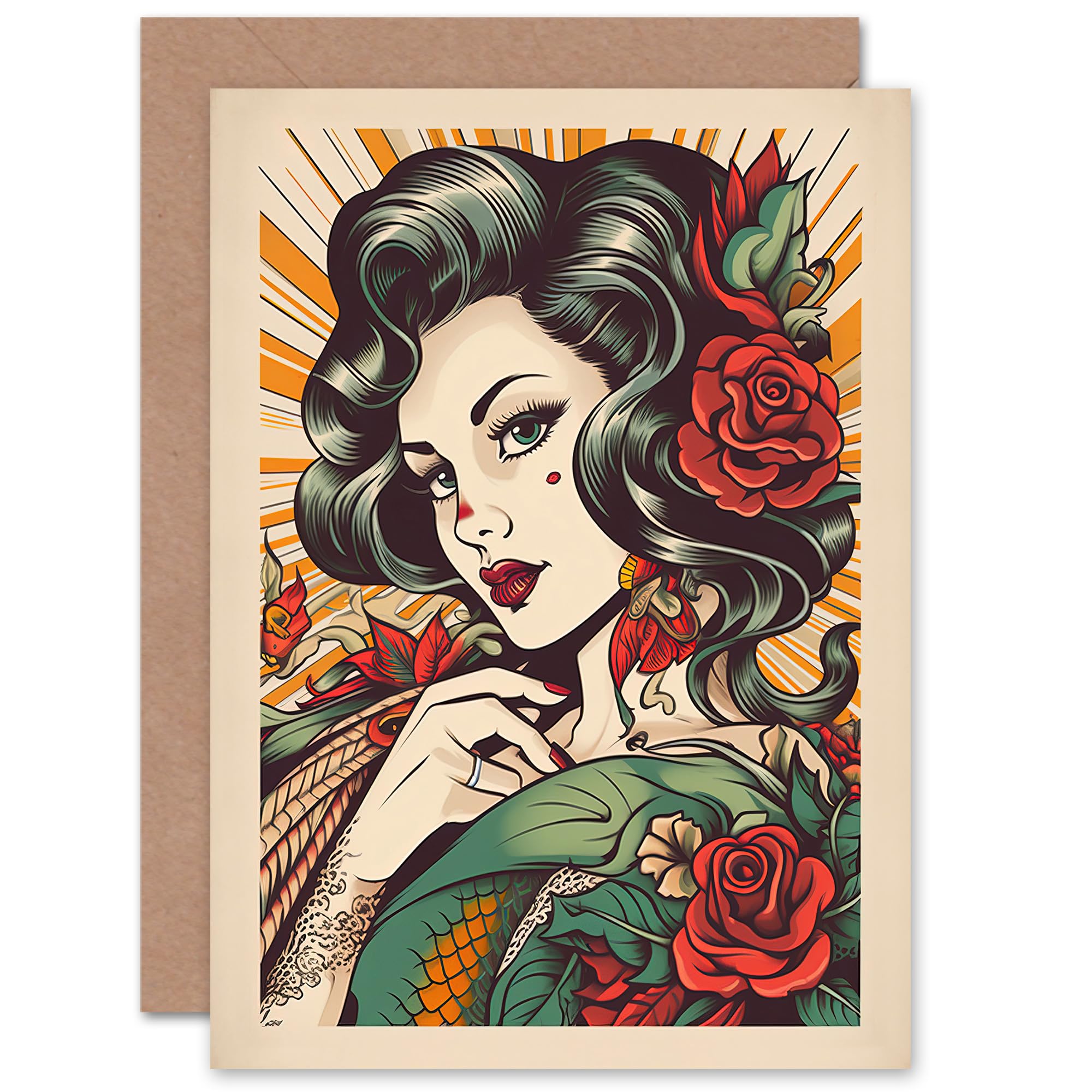 Artery8 Tattoo Pin Up Girl Roses Rockabilly Americana Wife Her Mum Sister Daughter Mom Gran Nan Birthday Thank You Congratulations Blank Art Greeting Card