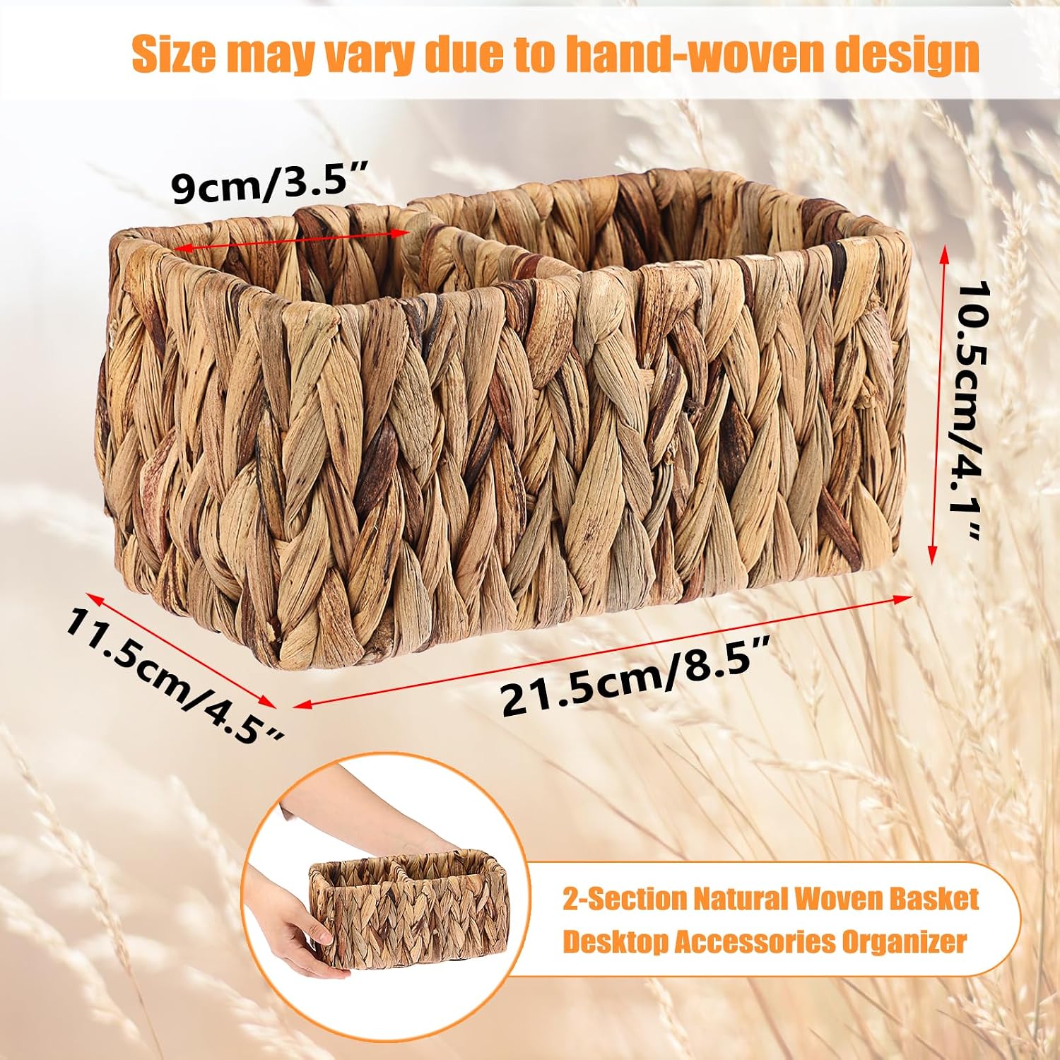 BTSKY Handwoven Remote Control Holder for Table, Natural Water Hyacinth Remote Organizer Caddy Small Wicker Storage Basket, 2-Compartment Office Supplies Desk Organizer Rustic Makeup Brushes Holder