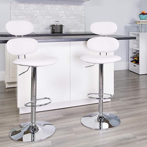 Miniatura 2 de Flash Furniture Taburete de bar de altura ajustable de vinilo blanco contemporáneo con respaldo de elipse y base cromada