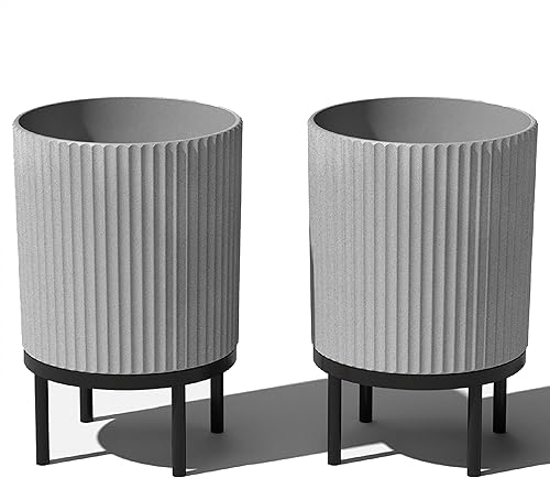 Veradek Demi Series - Maceta redonda con soporte para porche o patio, soporte de plástico duradero con hormigón y madera, decoración moderna para