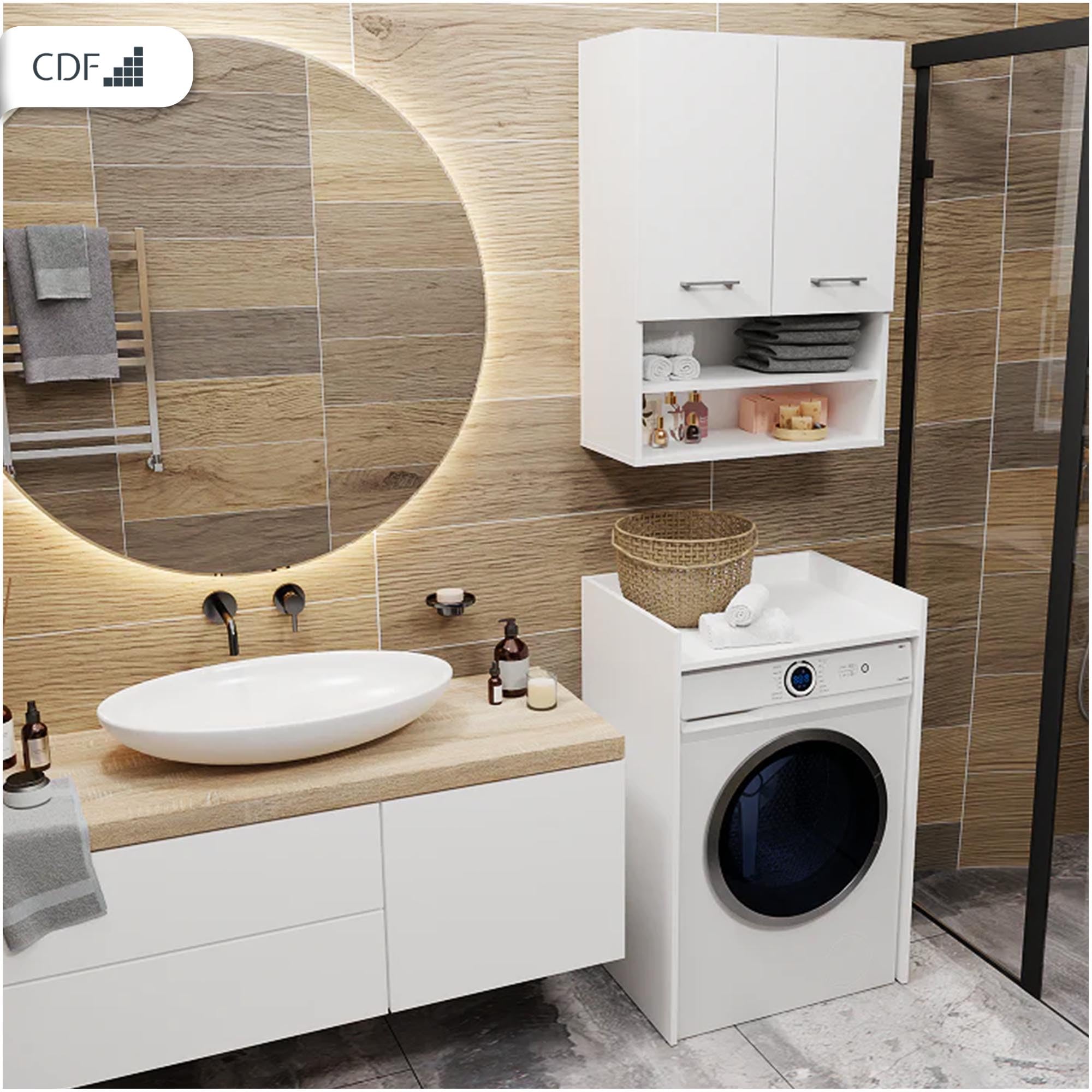 CDF Mobile Sopra Lavatrice Scaffale da Bagno Salvaspazio con Ripiano Portaoggetti Mobiletto Lavanderia Stabile 64 x 97,5 x 50 cm - Bianco Opaco
