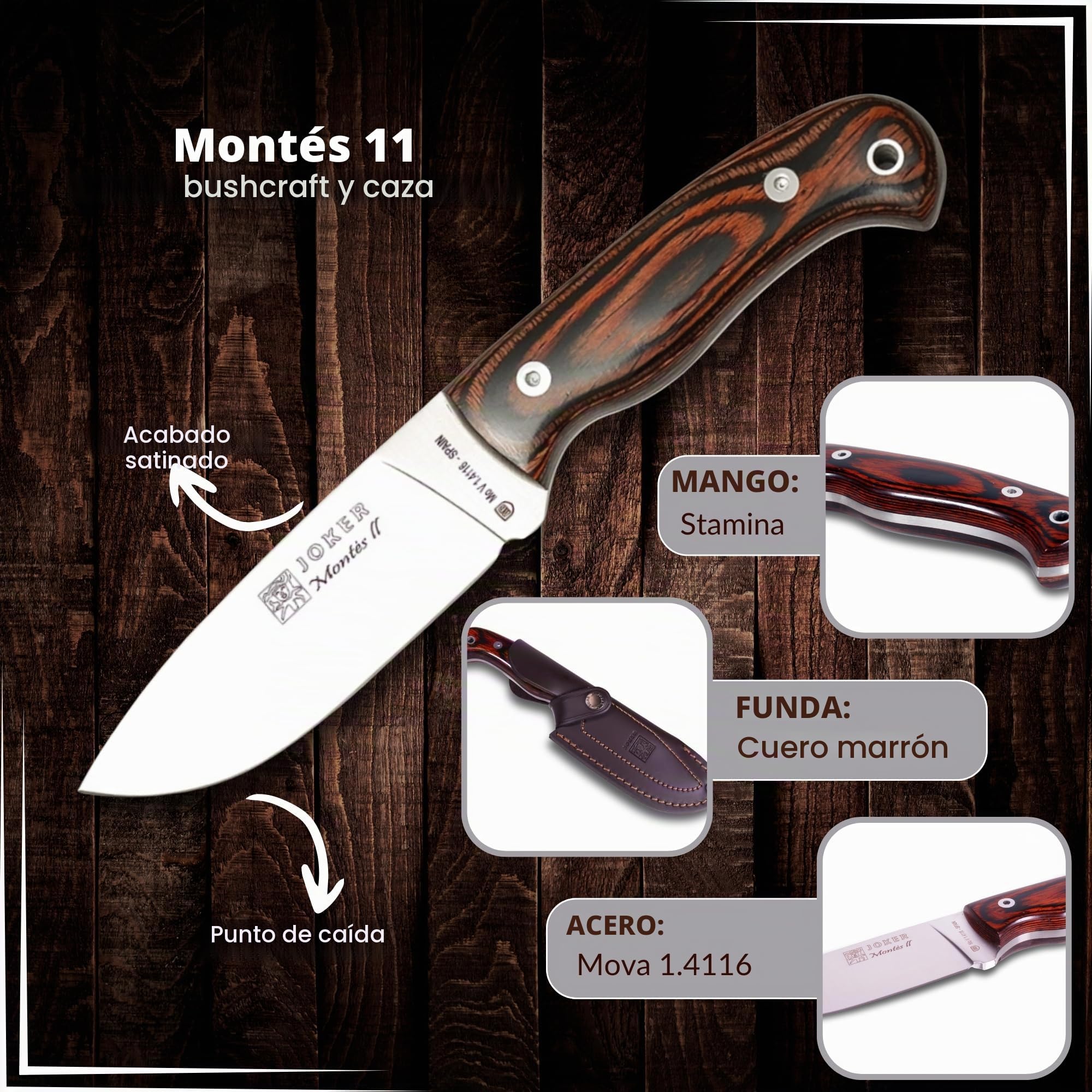 Joker Cuchillo de Caza Montés II CR58 con Mango Stamina, Hoja de 11 cm, con Funda de Cuero Color marrón, Herramienta de Pesca, Caza, Camping y Senderismo
