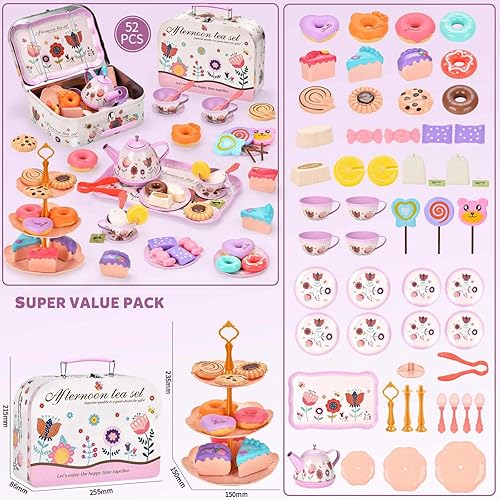 Miniatura 7 de Lajeje Juego de té de 52 piezas para niñas pequeñas, regalo para niñas de 3, 4, 5, 6 años, juego de fiesta de juguetes para niños, postres y estuche
