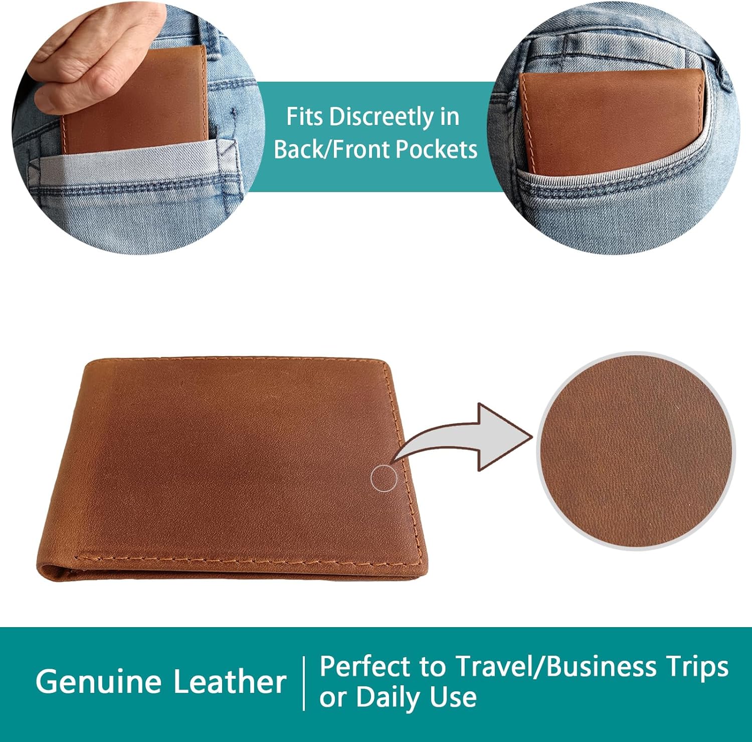 Men's Slim RFID Blocking Wallet - Classic Brown Full Grain Leather Bifold (6 Cards Slots, 2 Cash Compartments) Compact Front Pocket Design with Gift Box (4.3"x3.4"x0.4") - Image 2