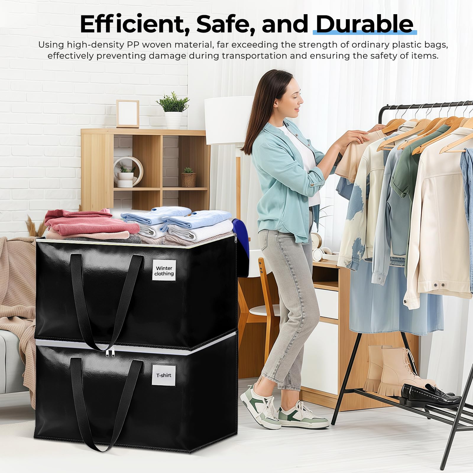 93L Bolsas Mudanza, 6 Piezas Bolsas de Mudanza con Cremallera y Asa, Impermeable Grande Bolsa de Almacenamiento, Organizador de Ropa, Bolsa Extra Grande para Mudanza y Viaje (Negro)