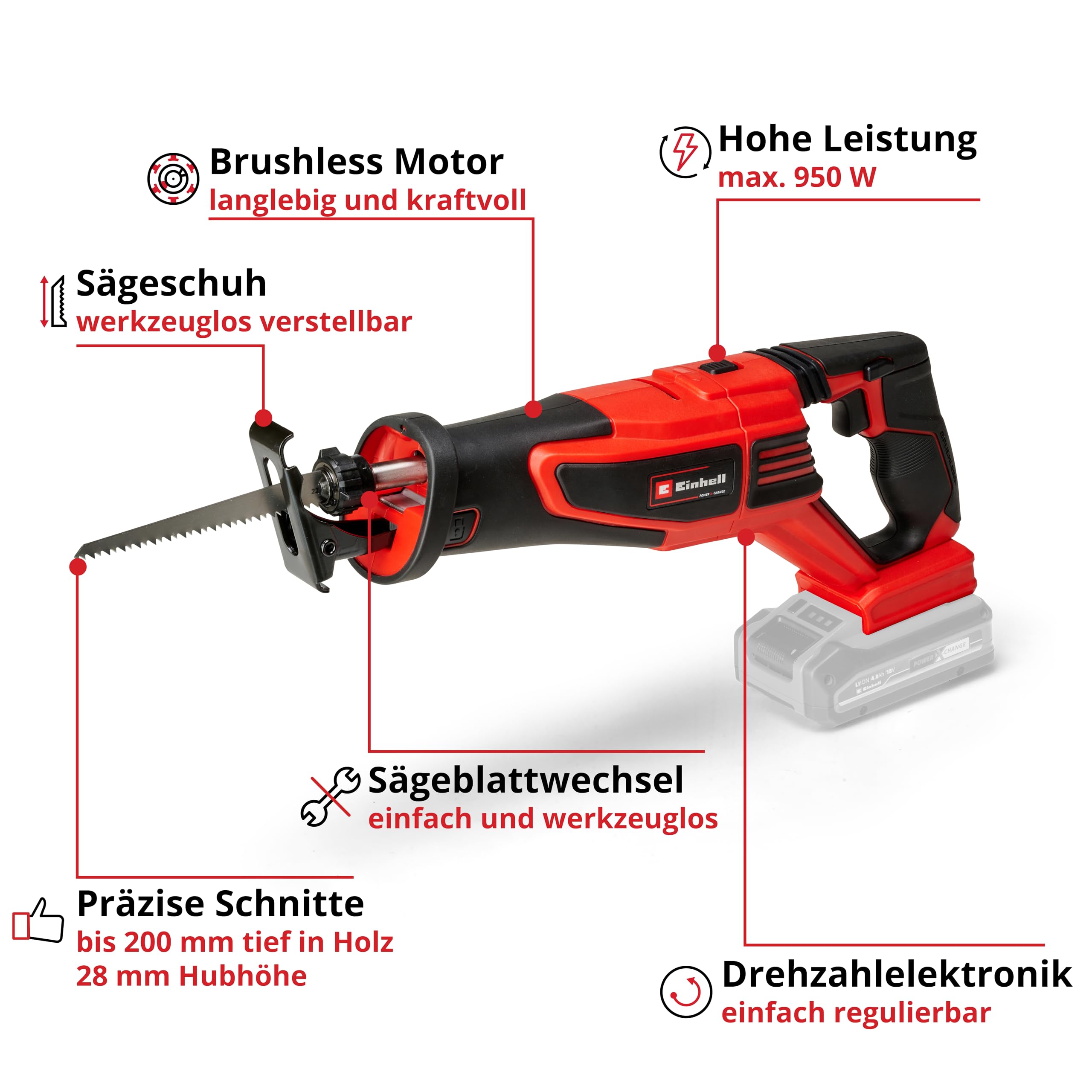Einhell Professional Akku-Universalsäge TP-AP 18/28 Li BL-Solo PXC (18 V, 950 W, Brushless, 28 mm Hubhöhe, 2.500 min-1, 20 cm Schnitttiefe Holz, drehbarer Griff, ohne Akku)
