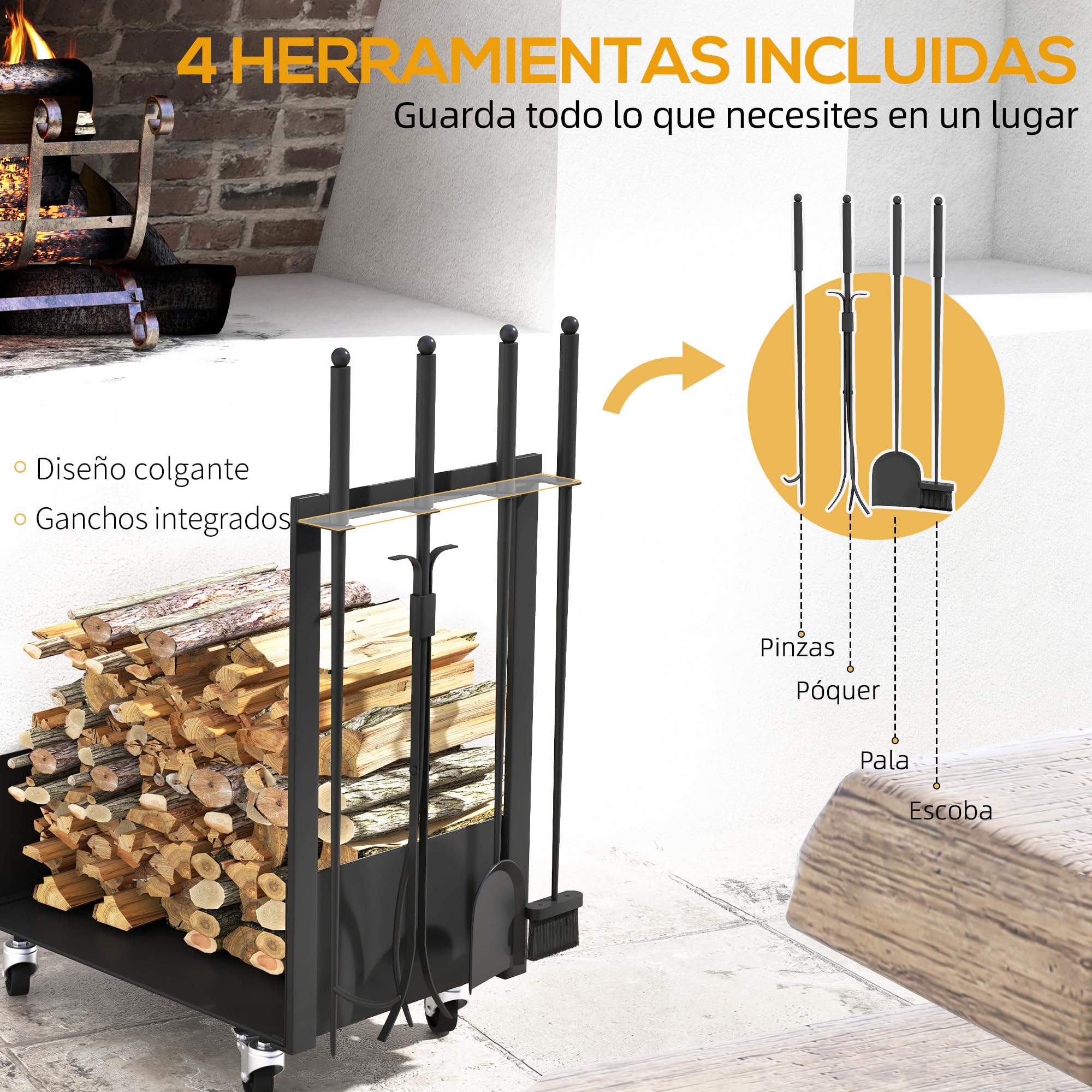 Outsunny Soporte para Leña con Ruedas Estante de Leña Metálico Leñero de Exterior con Pala Escoba Atizador y Tenazas 48x30x76 cm Negro