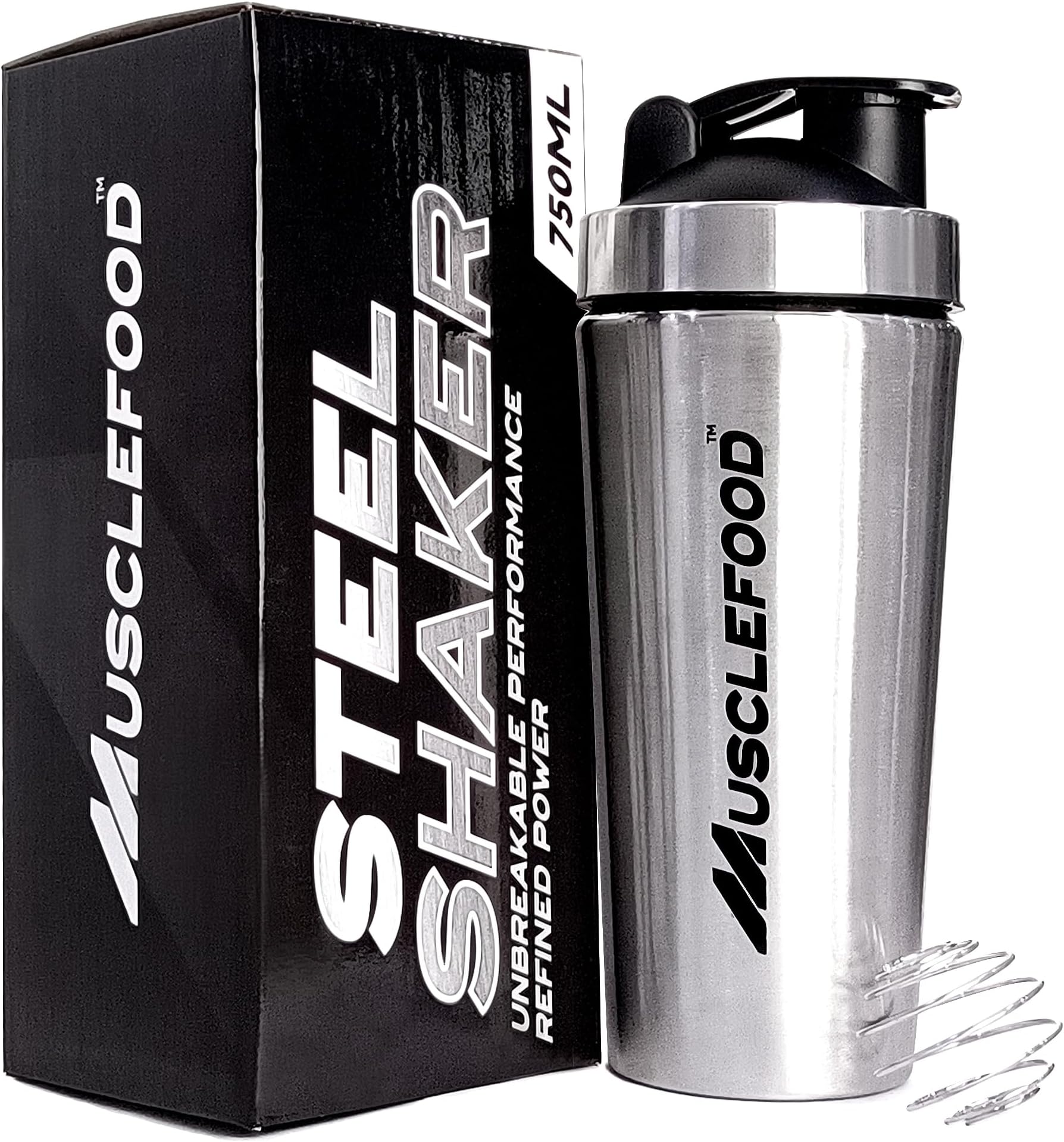 Musclefood Athletics Premium Stainless Steel Gym Shaker Bottle 750ml | BPA-Free Material 100% Leakproof with Whisk Ball, for Protein, Pre-Workout, BCAA, Water Shaker Bottle, Silver