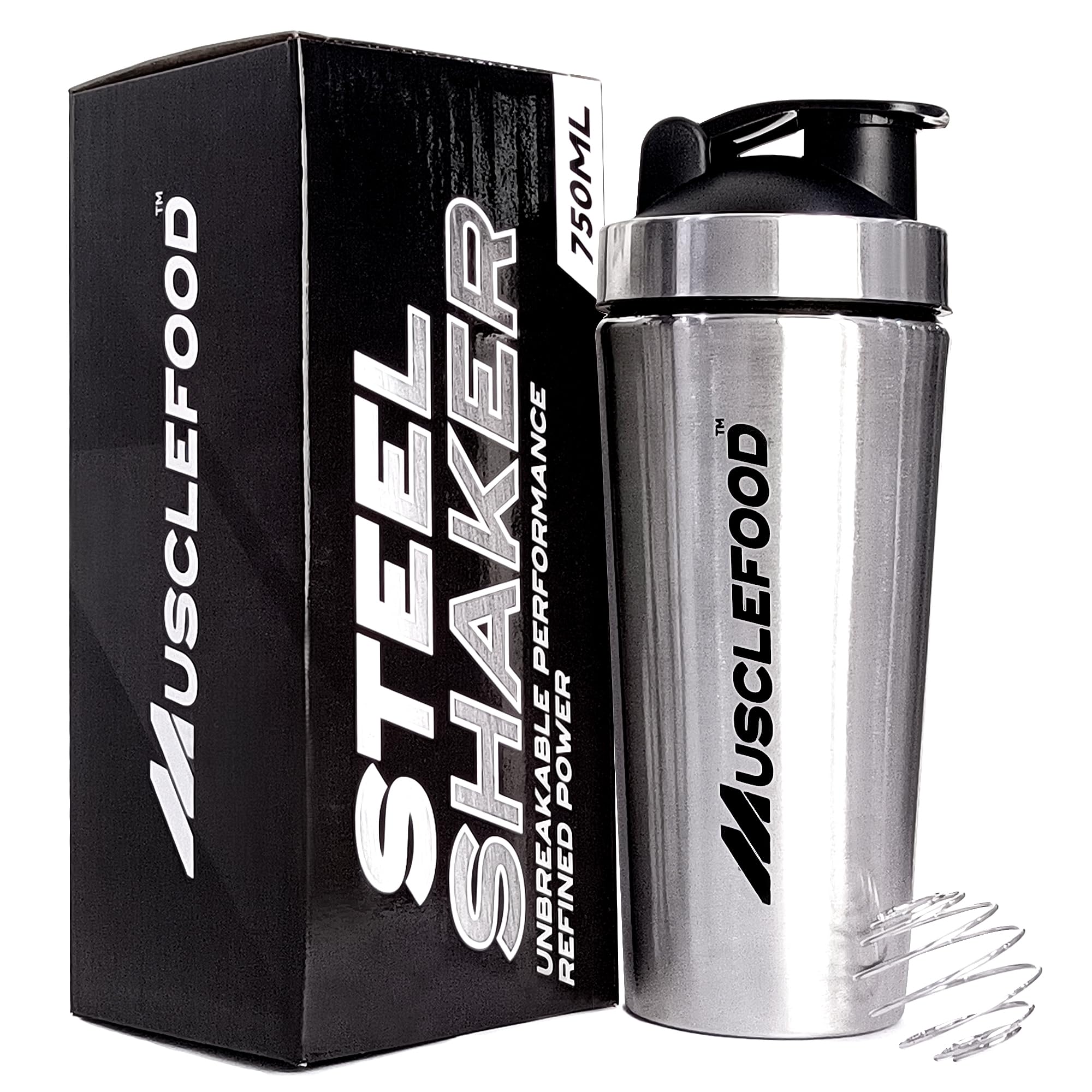 Musclefood Athletics Premium Stainless Steel Gym Shaker Bottle 750ml | BPA-Free Material 100% Leakproof with Whisk Ball, for Protein, Pre-Workout, BCAA, Water Shaker Bottle, Silver