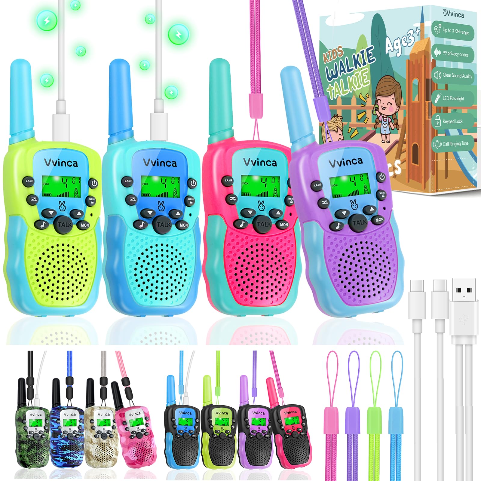 Vvinca Rechargeable Walkie Talkies for Kids 4 Pack, 5-7 Year Old Boy Toys Long Range 22 Channels 2 Way Kids Walkie Talkie with Flashlight for Camping Hiking Indoor Outdoor 3 4 5 6-12 Girl Boy Gift
