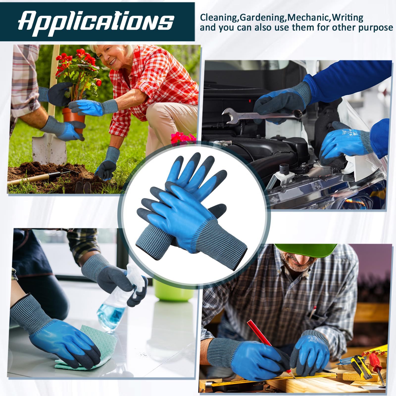 Mimorou 12 Paar Arbeitshandschuhe, wasserdicht, flüssigkeitsdicht, doppelt beschichtet, für Männer und Frauen, Mehrzweck-Handschuhe aus flexiblem Latex, mit Griff, für Gartenarbeit, Autopflege, Angeln