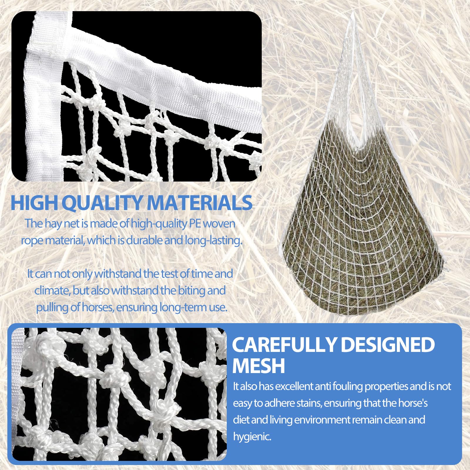 Rete Per Fieno 120x90cm Per Cavalli - Maglie Strette, Anti-Spreco, In Nylon Poliestere, Bianco - Foto 7
