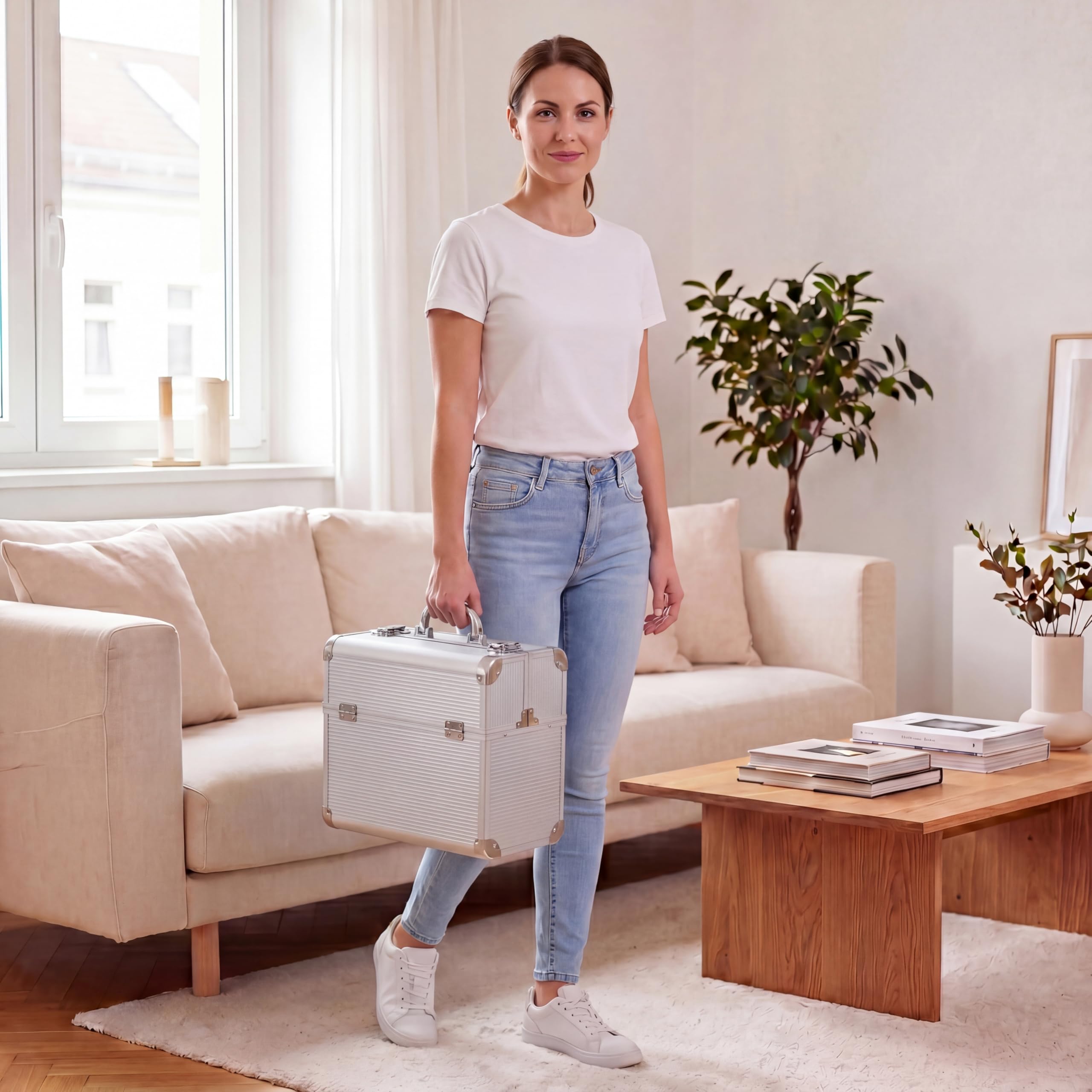 N&BF Kosmetikkoffer Groß Silber Alu abschließbarer Schminkkoffer Beautycase Aluminium Nagelkoffer 4 Ausklappfächern Makeup Koffer 36,5 x 22,5 x 35,5 cm