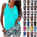 Women's Tankini Swimsuits Tummy Control Two Piece Bathing Suits Blouson Swim Tank Top with Boyshorts Modest Swimwear