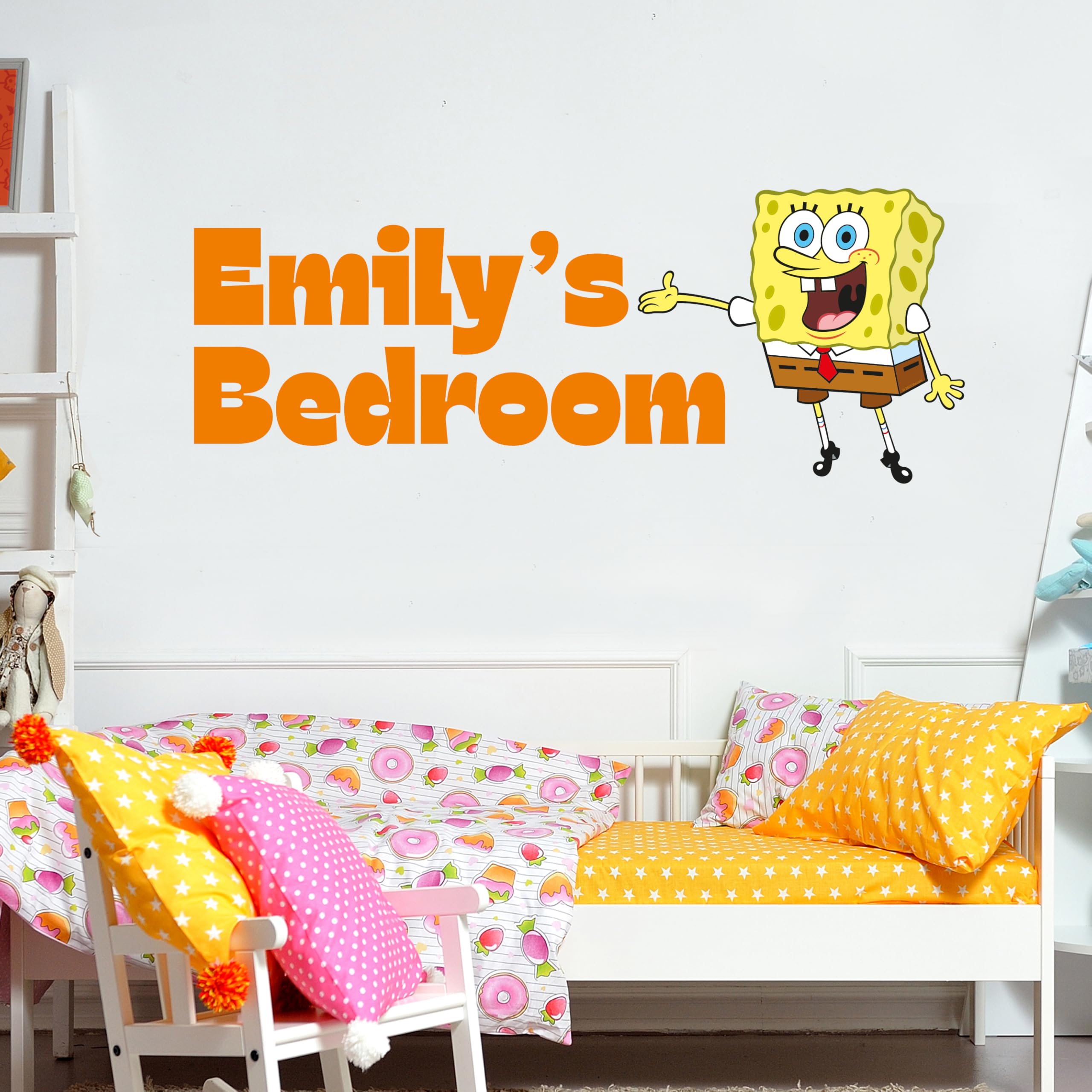 Themed Yellow Spongebob Wall Sticker - Spongebob Pointing At Personalised Name Decal Wall Art (60Cm Width X 20Cm Height)