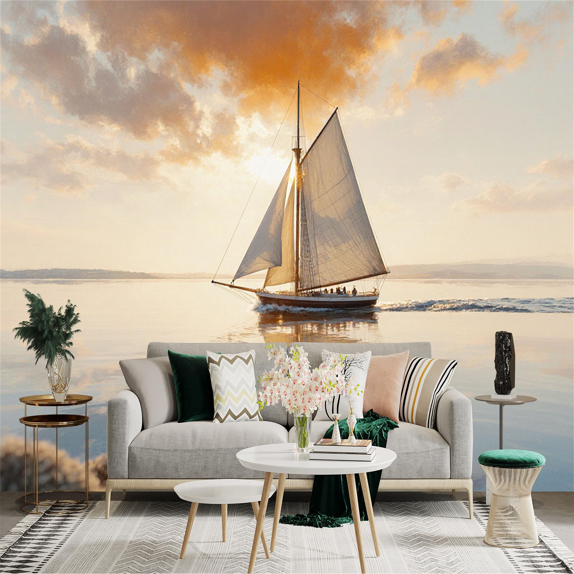 Lnzczhyre Xc260505210 Custom Size Wall Sticker Mural， Sailboat On Calm Lake， Golden Sunset View， Peaceful Nautical Scenery， For Wall Decoration， Peelandstick Wall Decals.