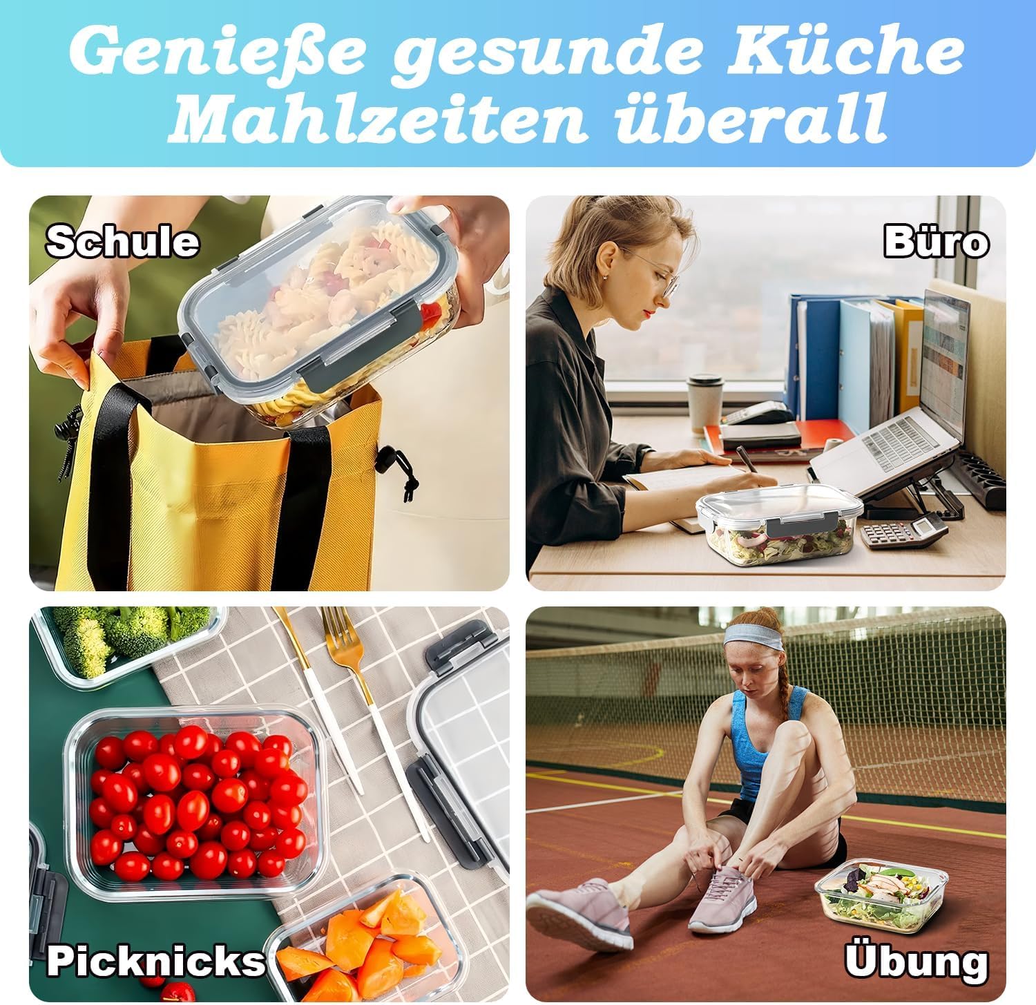 KUMD Vorratsdosen Glas mit Deckel 5er Set (10-teilig) 1040ml Borosilikatglas Frischhaltedosen für Mikrowelle & Meal Prep - Rechteckige Lunchbox, Ofenfest, Auslaufsicher