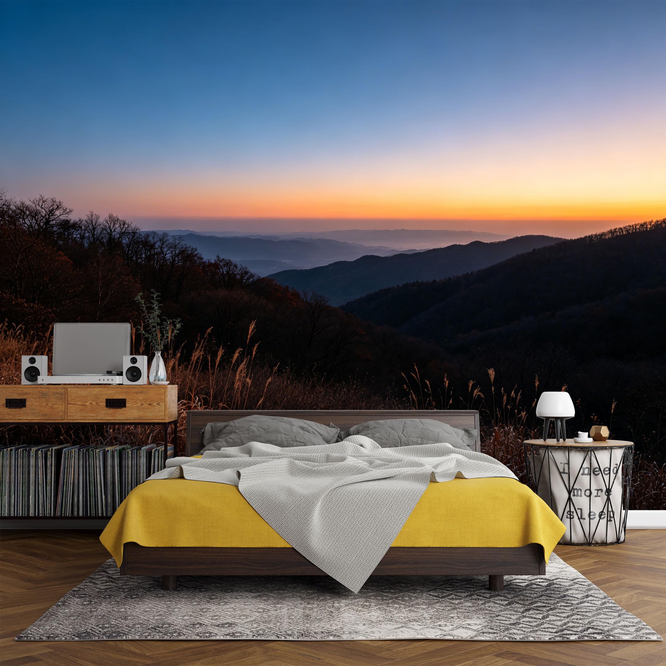 Custom Size Wall Mural， Mountain Sunset Landscape Horizon Misty Valley Scenic View Nature，SelfAdhesive Art Prints wall Fabric (No PVC) Removable Wallpaper Living Room Decor