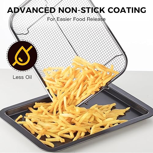 Miniatura 4 de HONGBAKE Sartén de aire con cesta para horno, juegos de utensilios para hornear antiadherentes, bandeja para freír con bandeja para hornear, borde