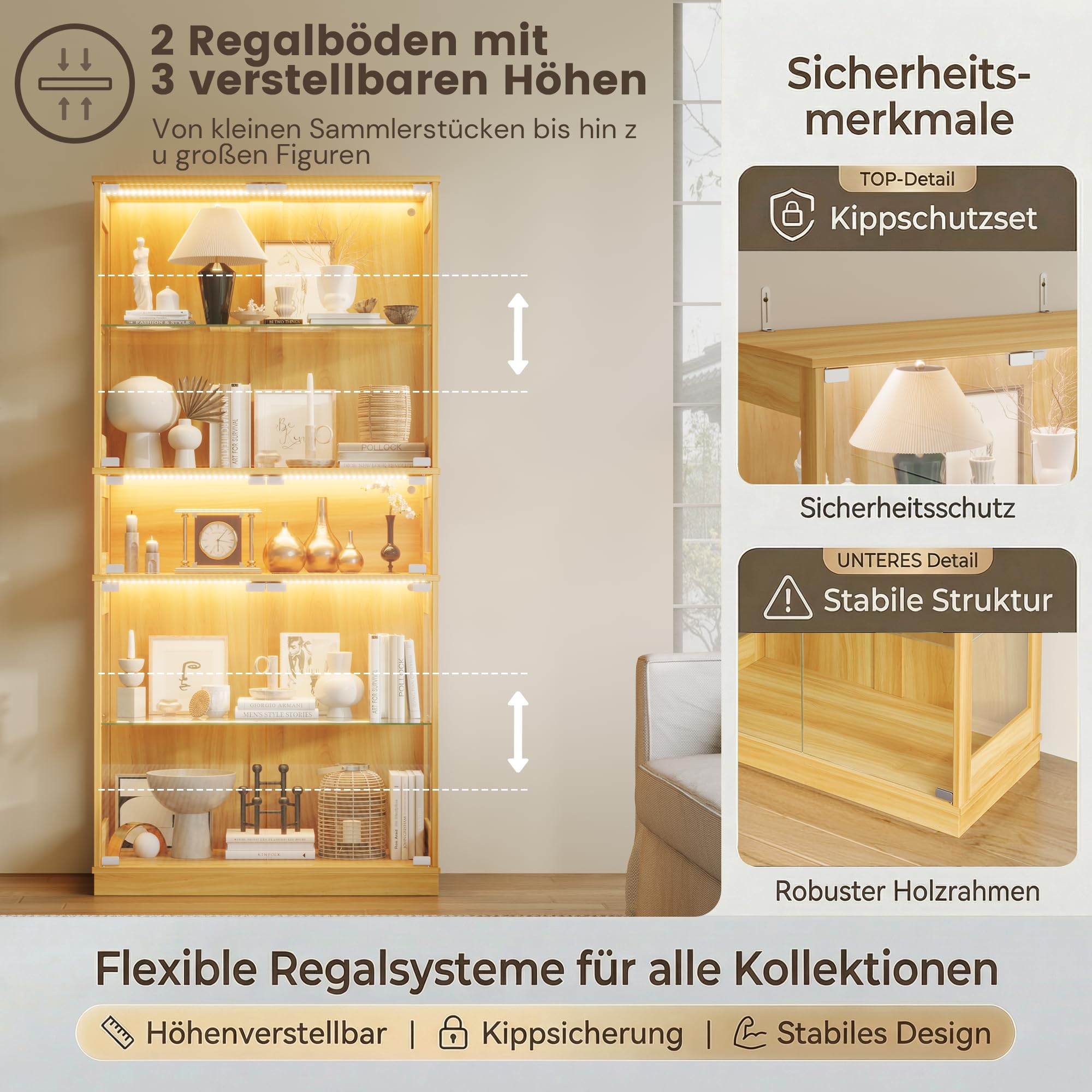 ZKIODV Glasvitrine mit LED Beleuchtung, 5-Lagen Vitrinenschrank Glas Stehend, Holz Vitrine mit Intelligente Sensorik, Sammlervitrine Staubdicht für Wohnzimmer Schlafzimmer Büro - 165x80 cm (Eiche)