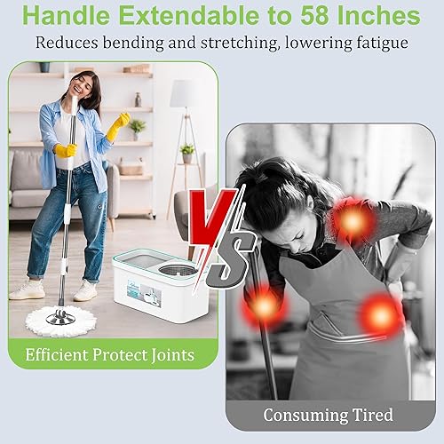 Miniatura 6 de Juego de trapeador y cubo con escurridor para el hogar, trapeador giratorio y trapeadores para limpieza de suelos con 6 cabezales de repuesto para