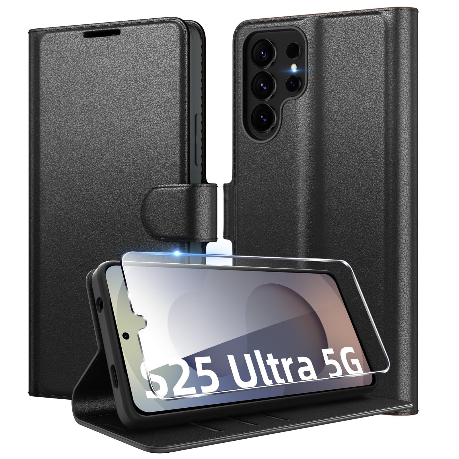 Eirltiy Cover per Samsung Galaxy S25 Ultra 5G Portafoglio Pelle PU Premium, Custodia Scomparti Carte Antiurto Protettiva Case con 1 Vetro Temperato, Nero