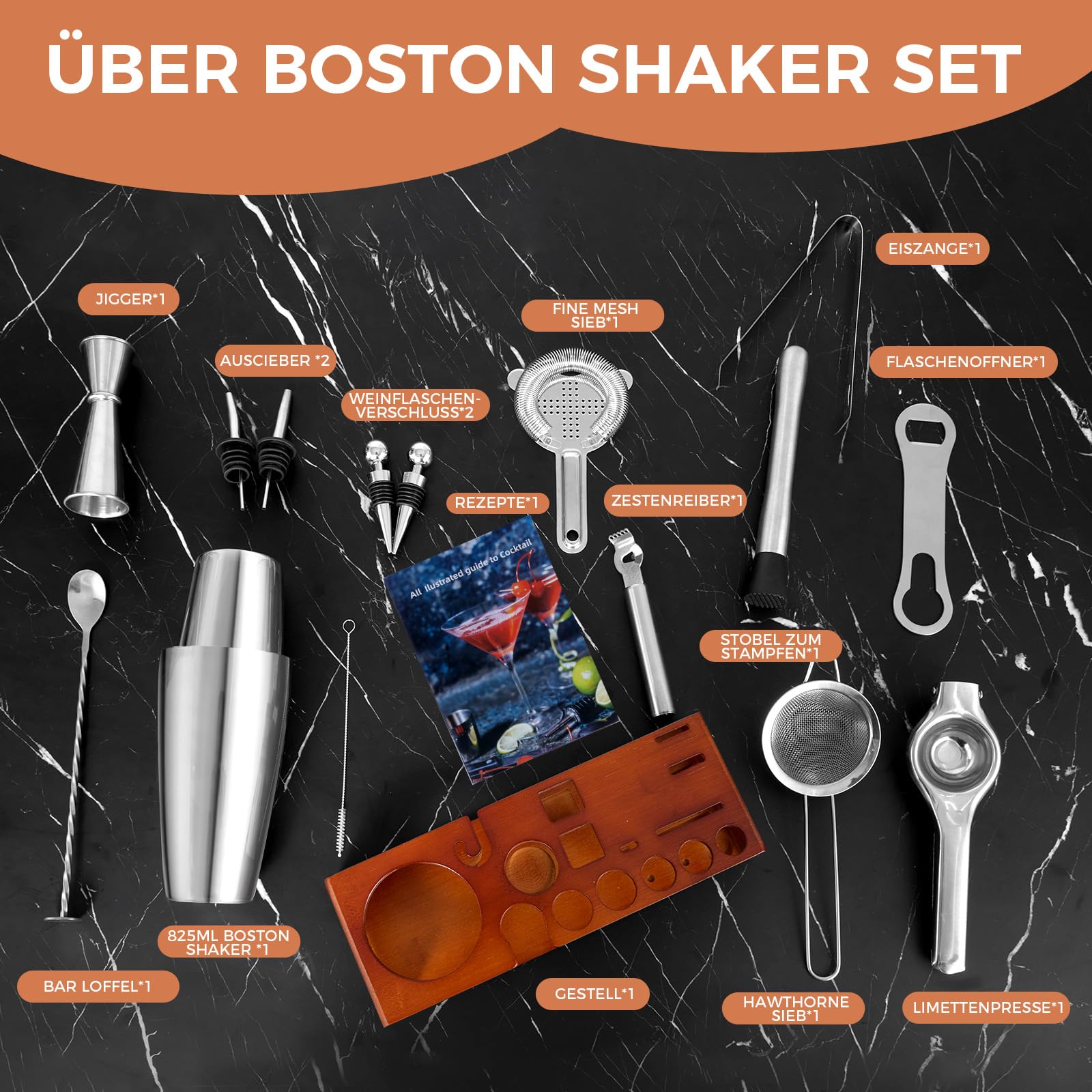 Set Cocktail Barman Professionale - Shaker Boston In Acciaio, Strainer, Jigger, Cucchiaio, Stand - Foto 12