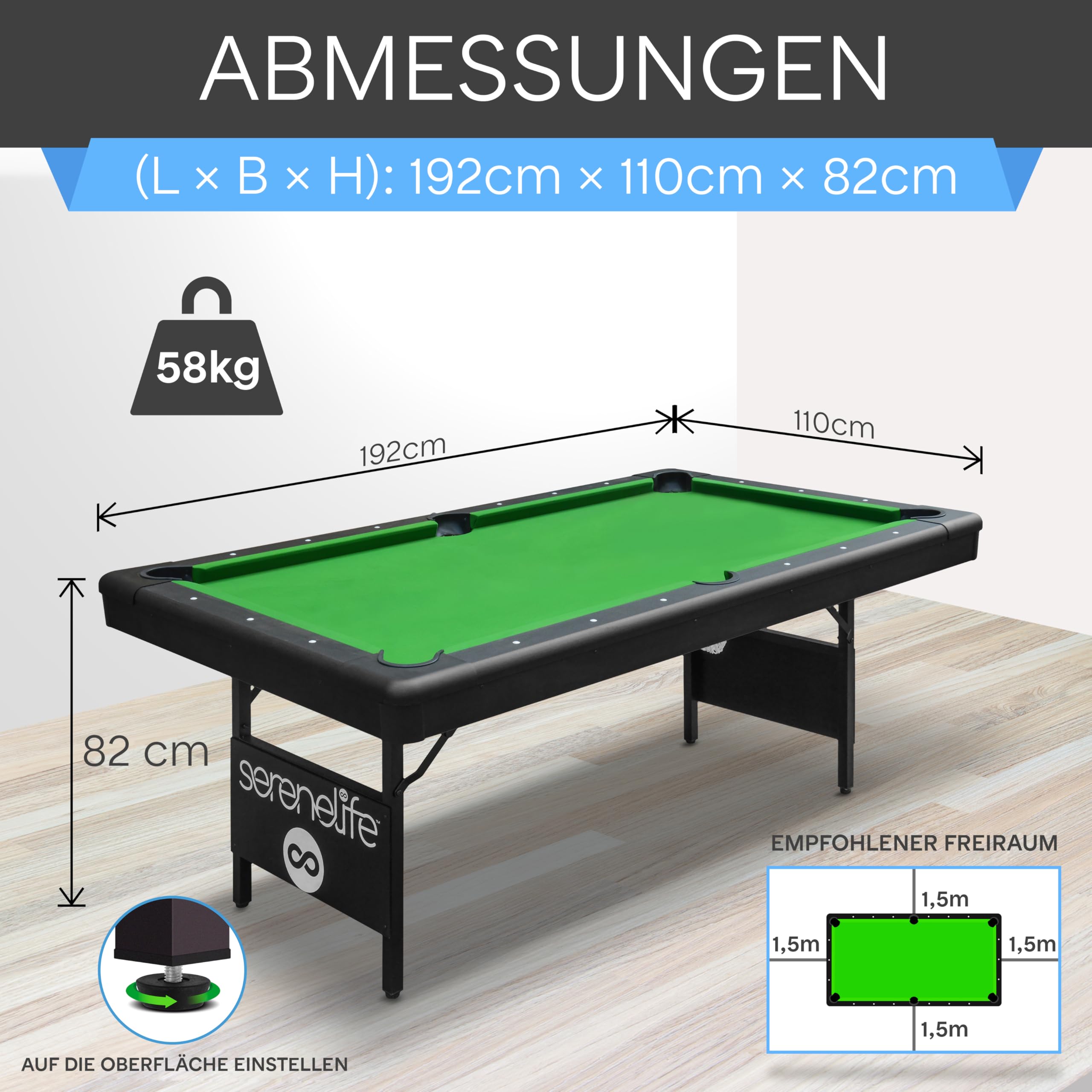 SereneLife 6-Fuß Klapp-Pooltisch – Tragbarer Billardtisch – Inklusive 2 Queues, vollständigem Ballset, Kreide, Bürste – Klappbarer Pooltisch für Kinder und Erwachsene
