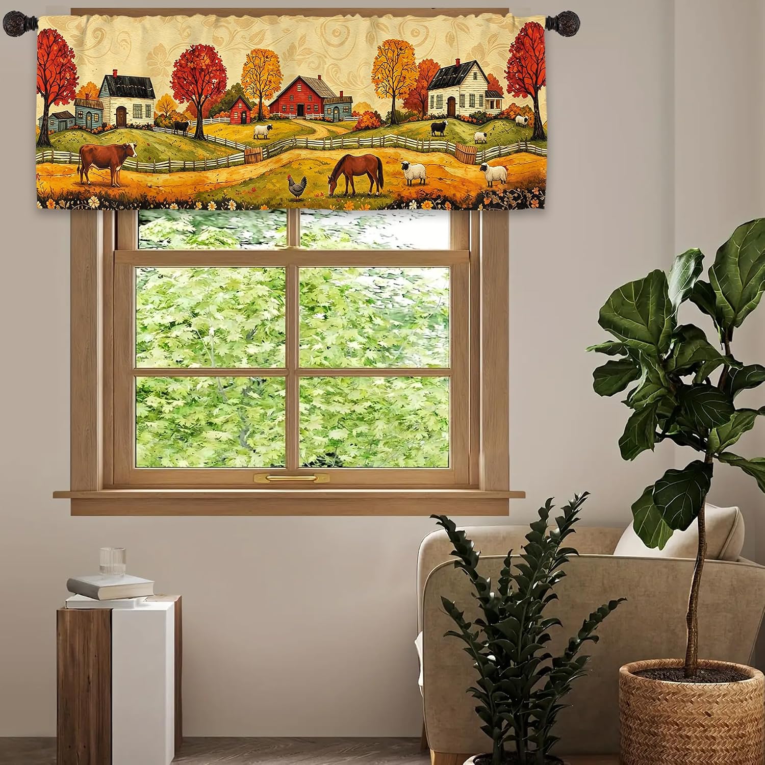 Autumn Fall Farm Kitchen Valance Curtains, Farmhouse Rustic Light-Filtering Window Treatment, Seasonal Horse Cow Sheep Rod Pocket Drapes Valance (1 Panel, 54 x 18 in)