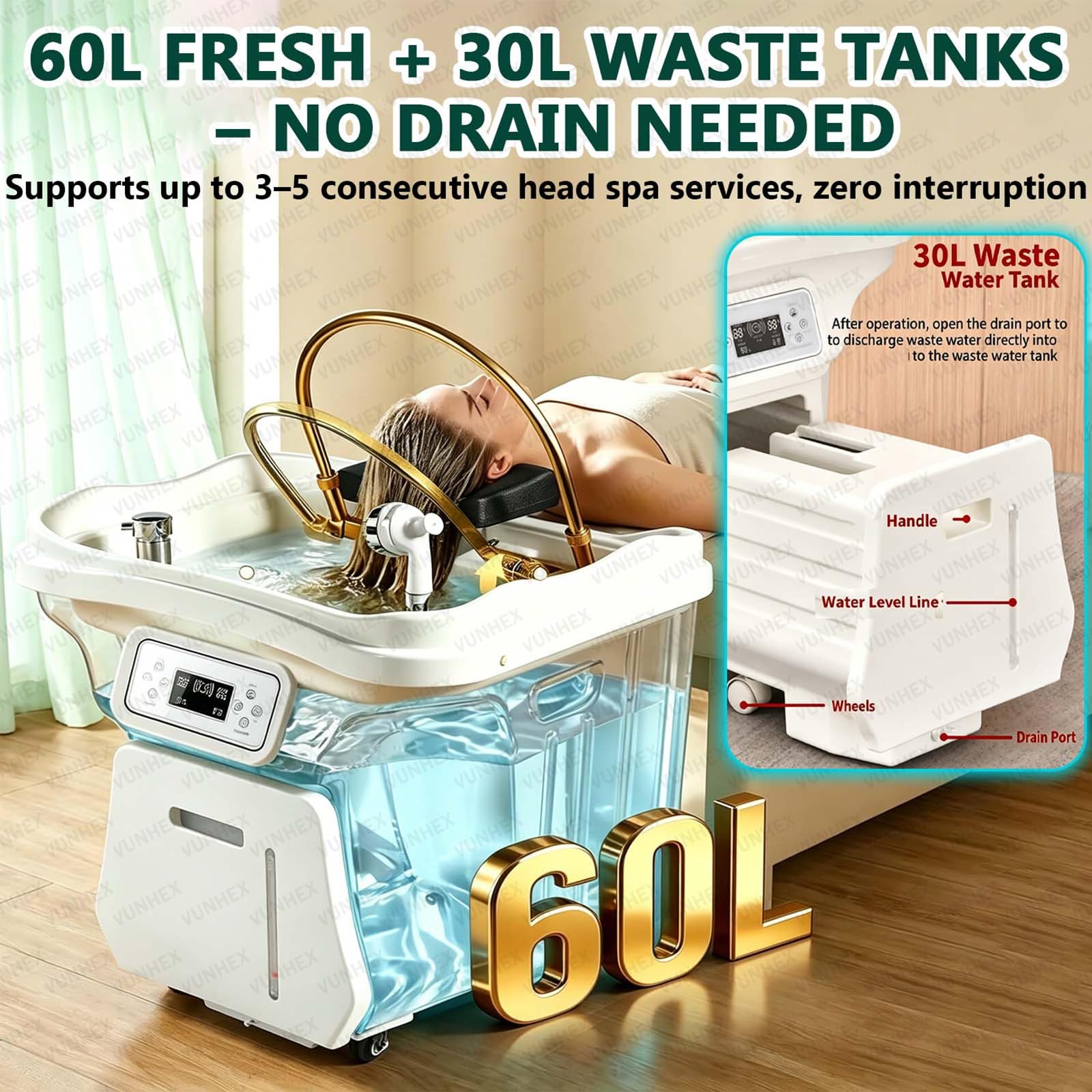 Tragbares Haarwaschbecken Mit Wasserfallfunktion, 60-L-Wassertank, 30-L-Abwassertank Mit Ausziehfunktion, Wasserzirkulation (30–60 °C) Für Salon-Spa-Massagen(Black)