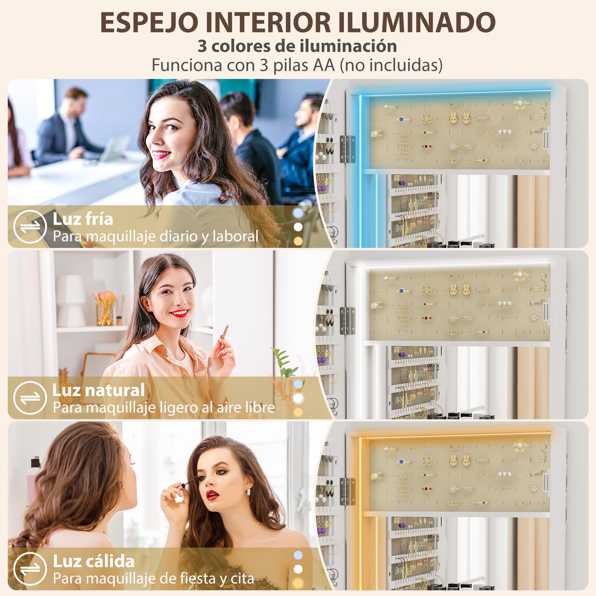 HOMCOM Espejo Joyero con Luz LED 3 Colores, Armario para Joyas Montado en Pared, Espejo Entero, Blanco