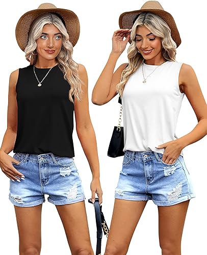 Vista 2 de Cunno Paquete de 2 camisetas sin mangas para mujer, camisetas casuales de ajuste holgado, color sólido, cuello redondo, camisetas de verano