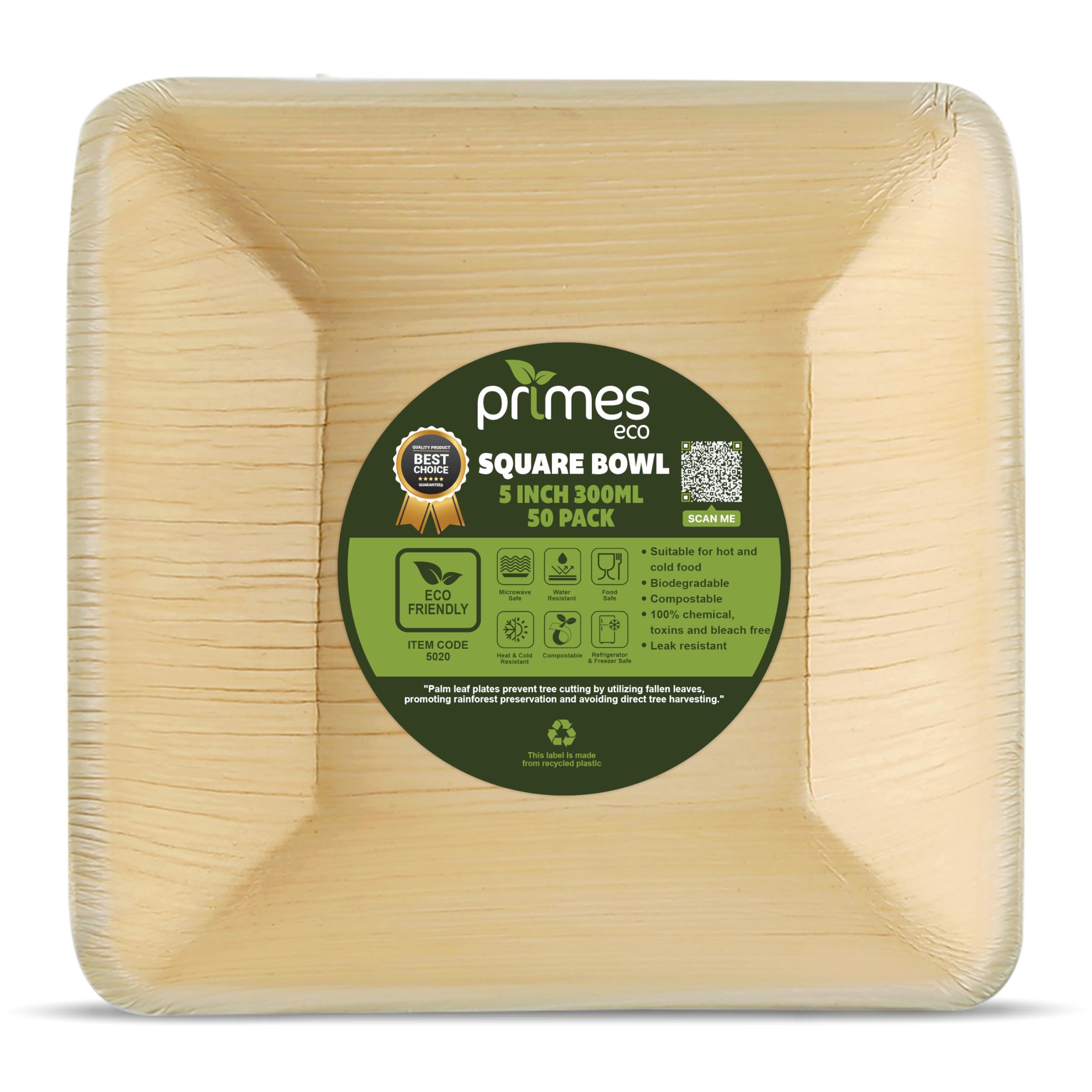 PRIMES ECO 50pcs Square Disposable Palm Leaf Bowls of 5” (13cm) 19.4oz (300ml), Biodegradable & Compostable, Natural Areca Tableware for Hot & Cold Food, Soup, Salad, Dessert, BBQ, Picnic & Parties