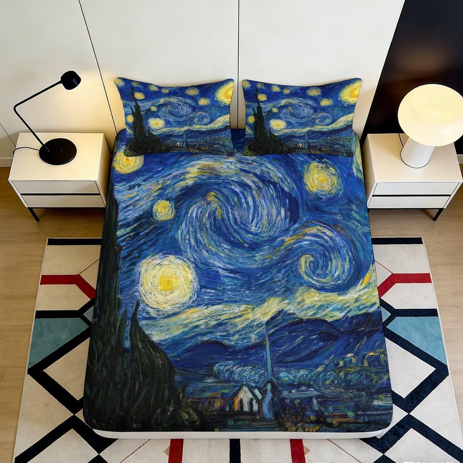 3D Printed Starry Night Fitted Sheet Microfiber Soft Breathable Cosmic Swirl Bed Cover for Bedroom Dormitory Guest Room Mattress Protection Decor 120x200x25cm