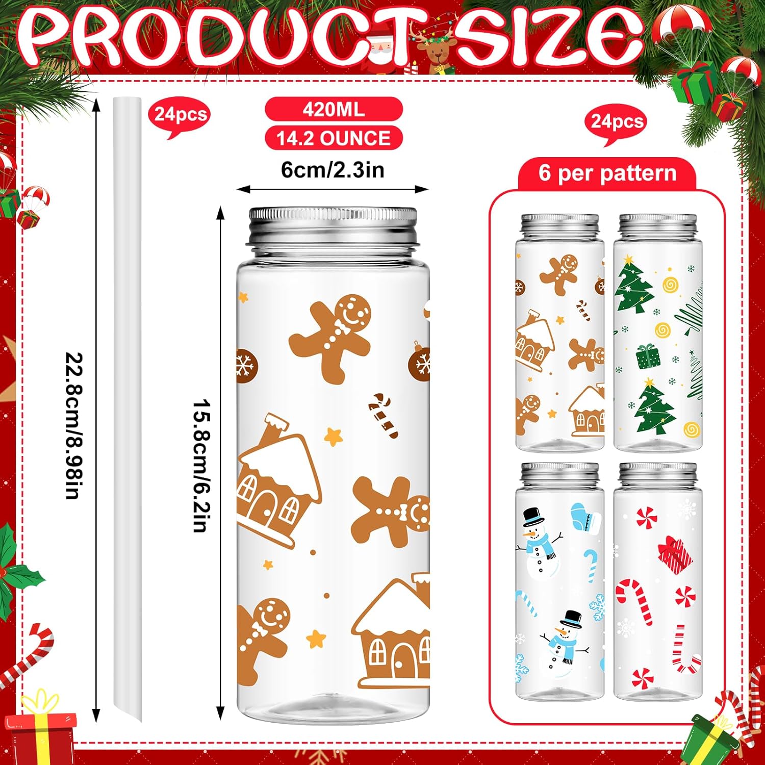 24 Pcs Christmas Reusable Cups Bulk with Lids and Straws 14.2 Oz Plastic Mason Jar Drinking Holiday Cups Christmas Plastic Tumbler Coffee Tea Hot Cocoa Beverage Xmas Tumbler for Adults Xmas Party - Image 2