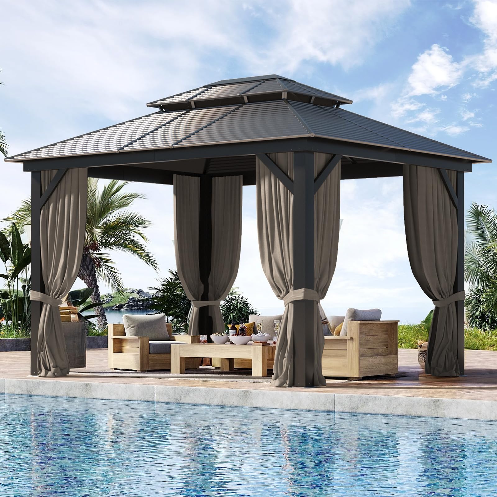 10x12FT Hardtop Gazebo,Heavy Duty Metal Pavilion with 4.92'' Square Pillar, Outdoor Gazebos Double Roof,Patio Gazebo with Curtain & Netting for Backyard,Deck,Lawn