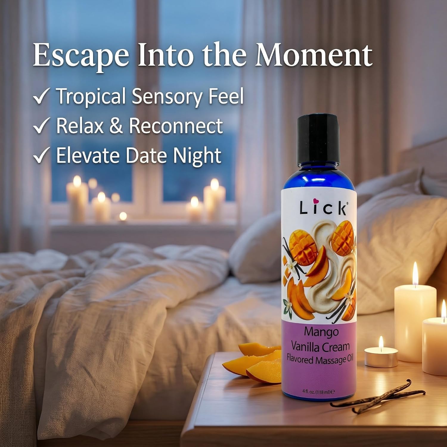 Lick Mango Vanilla Cream Flavored Massage Oil – Tropical Edible Massage Oil with Sweet Almond Oil & Vitamin E, Hydrating Body-Safe Formula for Relaxing Couples Massage, 4 oz