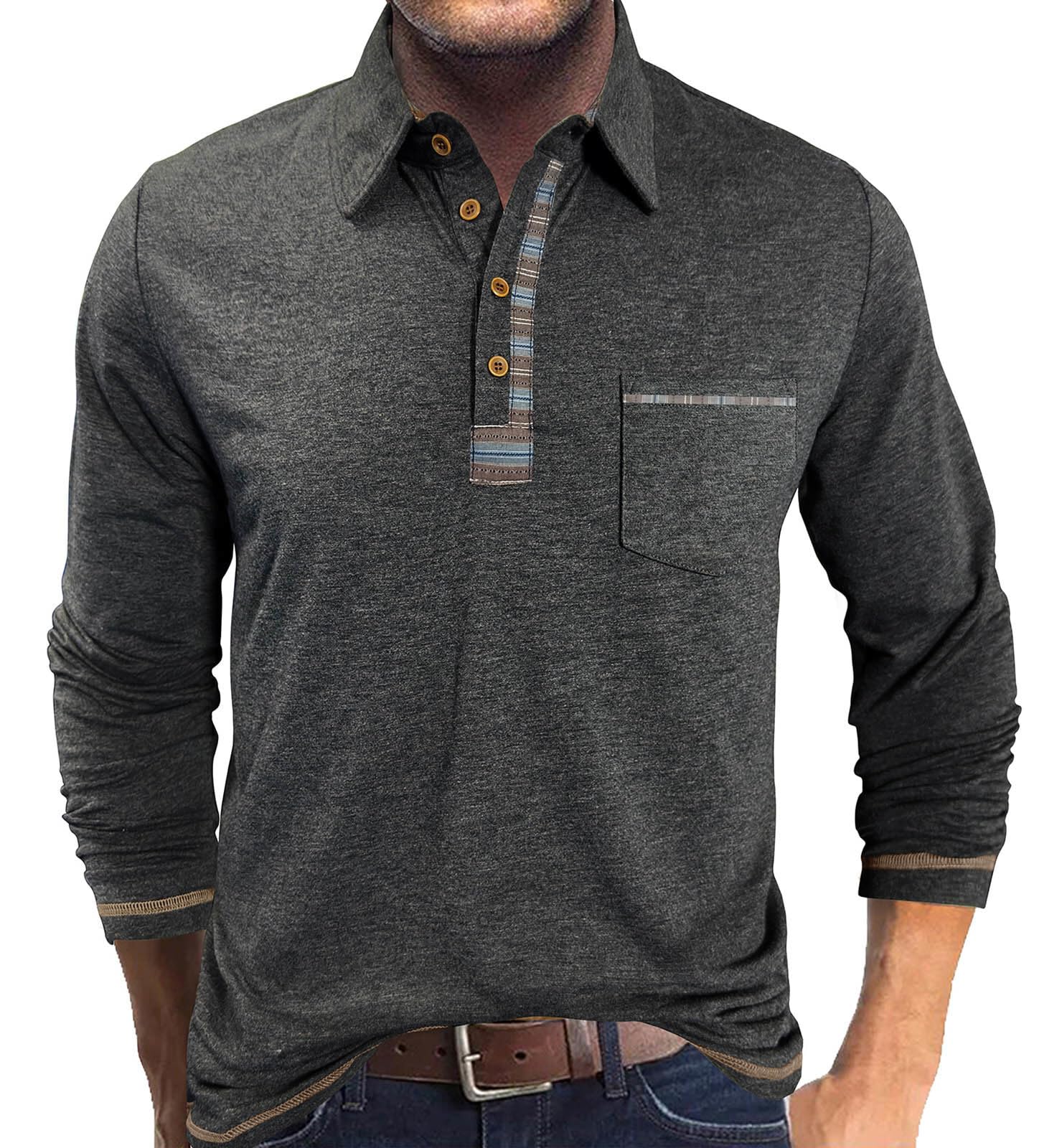 LAOARA Poloshirt Herren Langarm Polo Shirts Tshirt Männer mit Tasche Kragen Brusttasche Langarmshirt Tops M-3XL