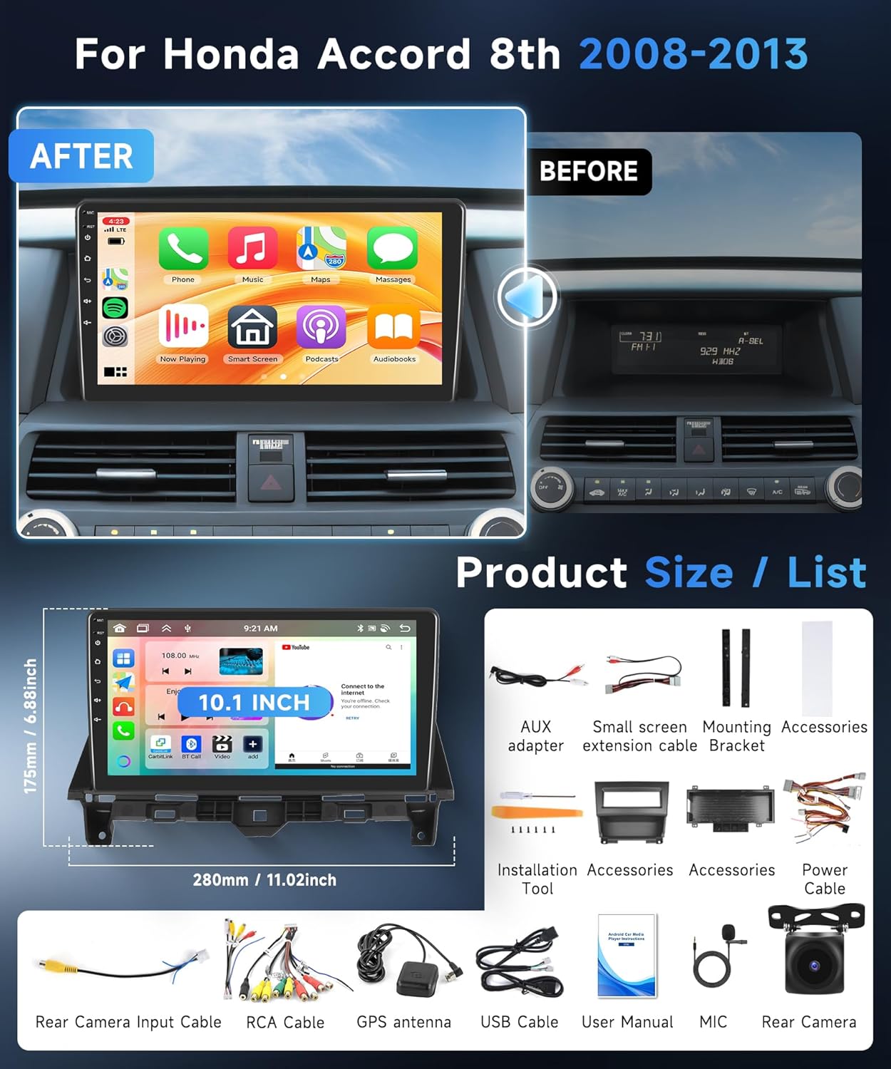 8 Core 6G+128G Android 15 Car Stereo Radio for Honda Accord 8th 2008-2013 Wireless Carplay Android Auto, 10.1’’ Touch Screen Head Unit with GPS Bluetooth Mirror Link WiFi FM/RDS DSP Backup Camera SWC