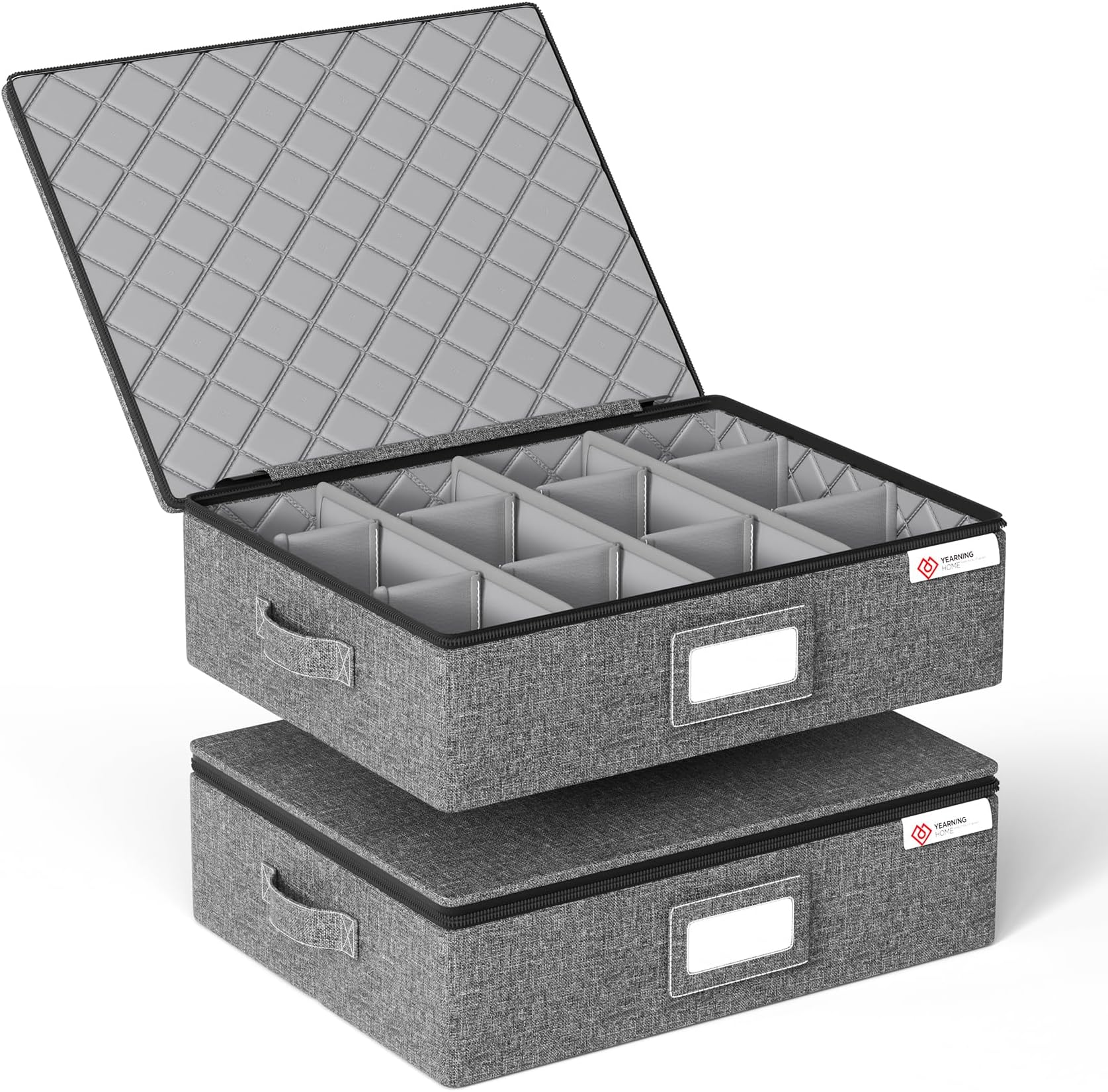 YearningHome Cup and Mug Storage Box with Hard Shell and Dividers for Coffee Mugs,Tea Cups and Glasses,Stackable Storage Organizers with Lid,Handles,Zips and Lable for Moving,Holds 12,2 Pack, Grey