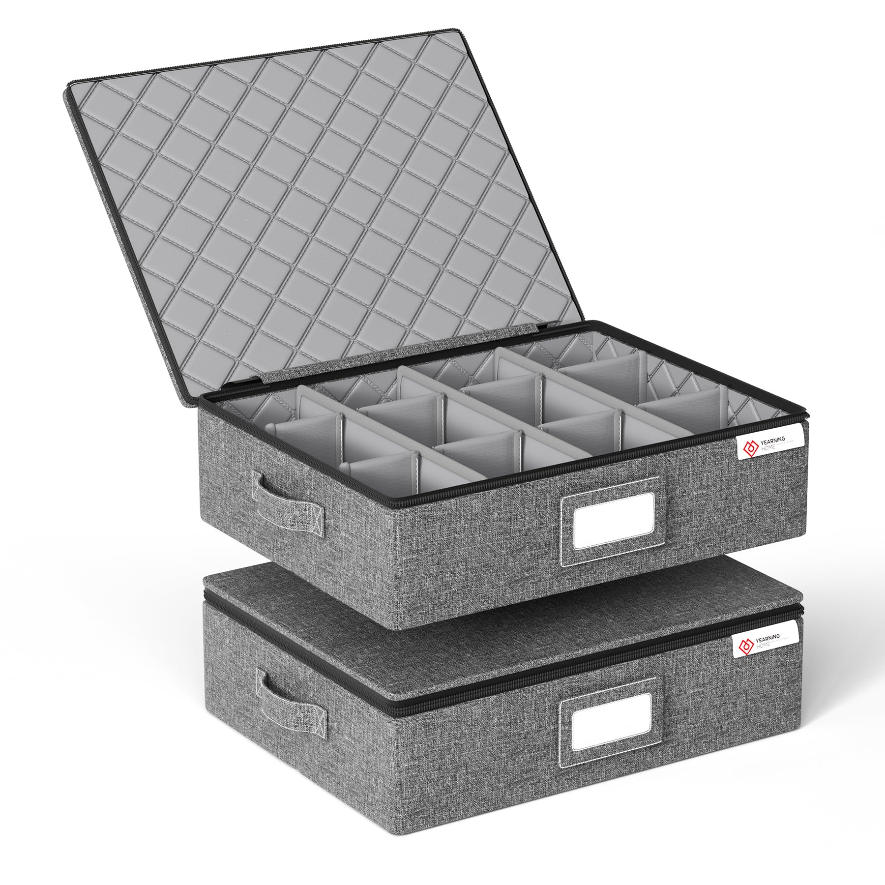 Cup & Mug Storage Box with Hard Shell and Dividers for Coffee Mugs, Tea Cups and Glasses, Stackable Storage Organizer with Lid, Zipper and Handle, Holds 12 - Pack of 2 - Gray