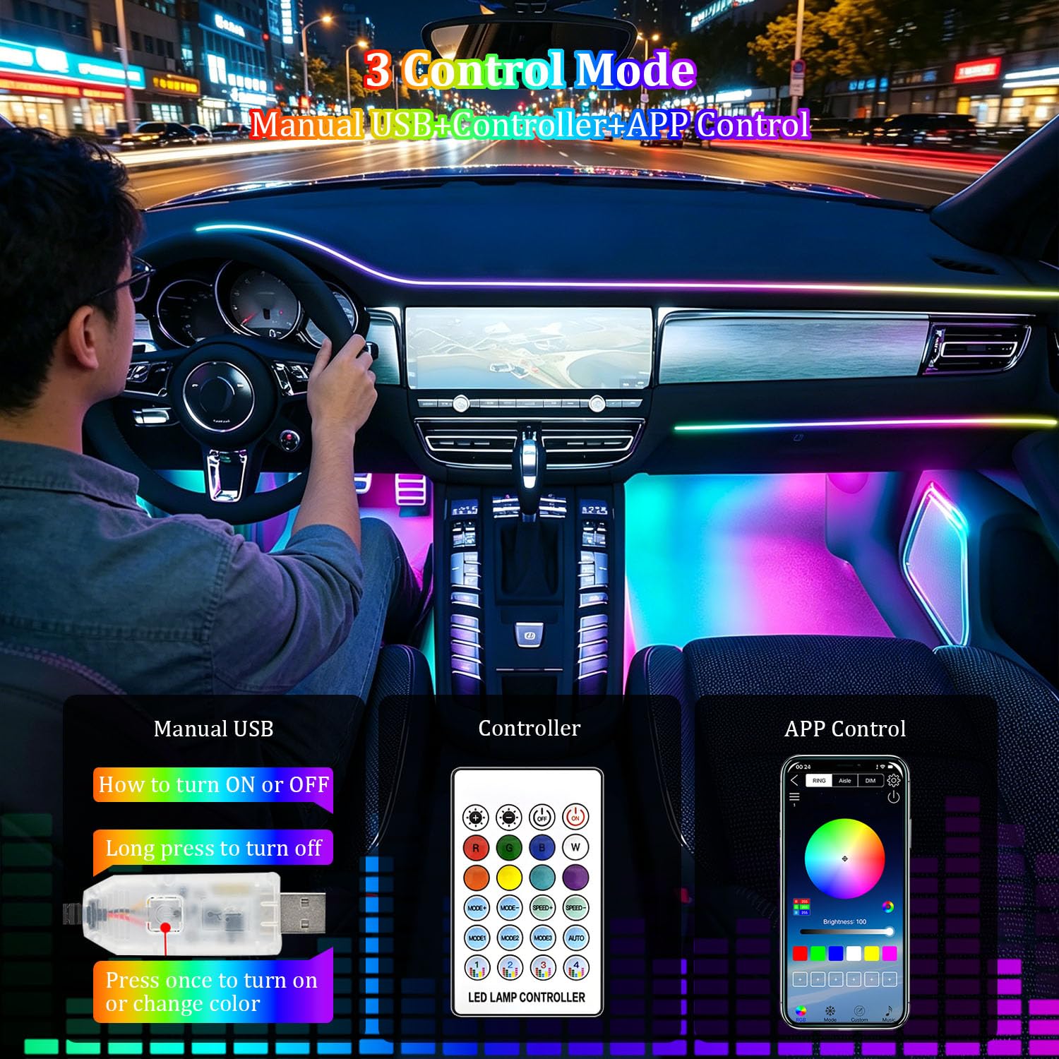 Luci LED per interni auto, Illuminazione ambientale per auto con controllo APP, Luci interne per auto RGB 6 in 1, Kit luci per atmosfera auto con sincronizzazione musicale Dynamic Dreamcolor Chasing