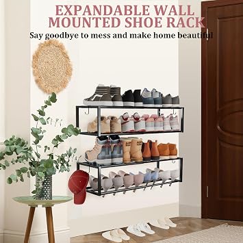 2 Pack Expandable Wall Mounted Shoe Rack, 17-31 Adjustable Hanging Shoe Rack Holds 16 Pairs, Heavy Duty Metal Shoe Holder with 4 Storage Hooks, Space Saving for Entryway Closet Doorway(Black