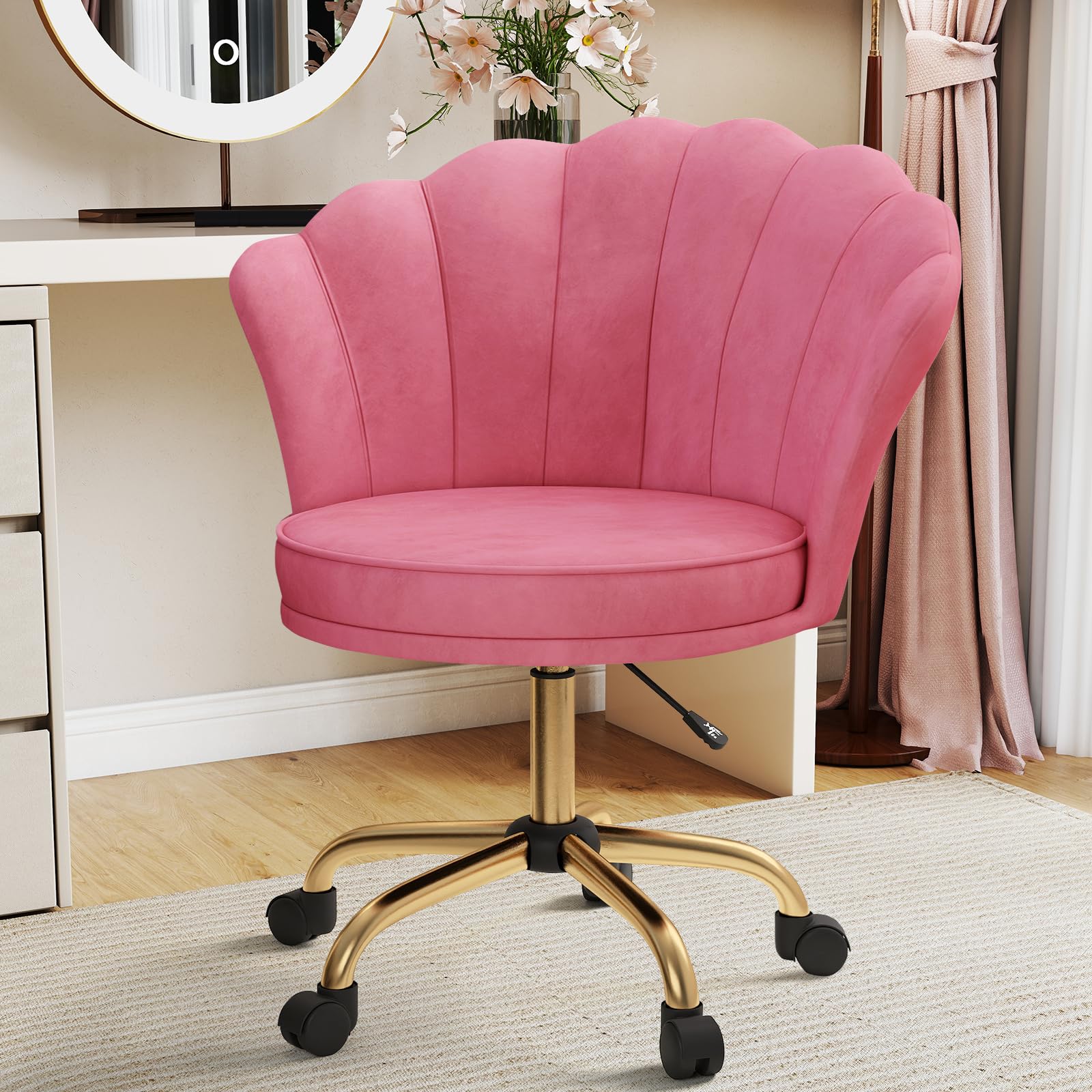 Silla de Tocador Moderna de Terciopelo con Respaldo Floral, Altura Ajustable y Giro de 360°, Silla Escritorio y Silla de Maquillaje Giratoria para Dormitorio, Comedor, Rosado