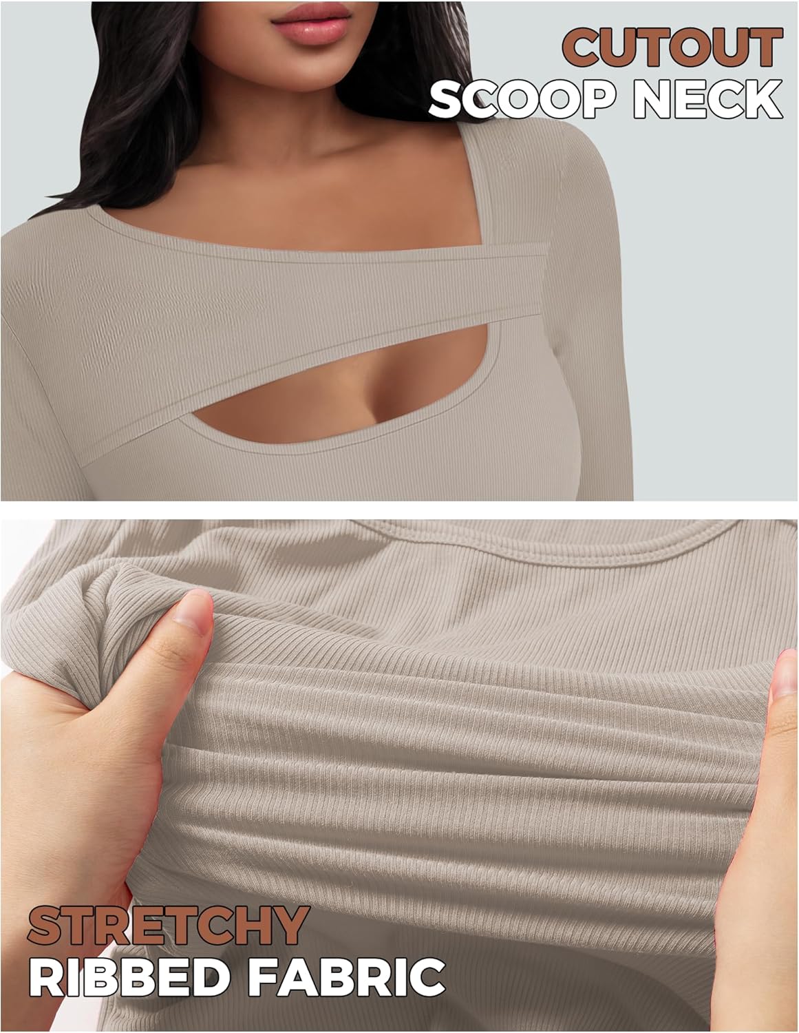 Buauty Womens Ribbed Long Sleeve Shirts Cutout Slim Fit Tee Trendy Sexy Top Fall Fashion 2025 Going Out Tshirts Y2K Clothes Khaki - Image 4